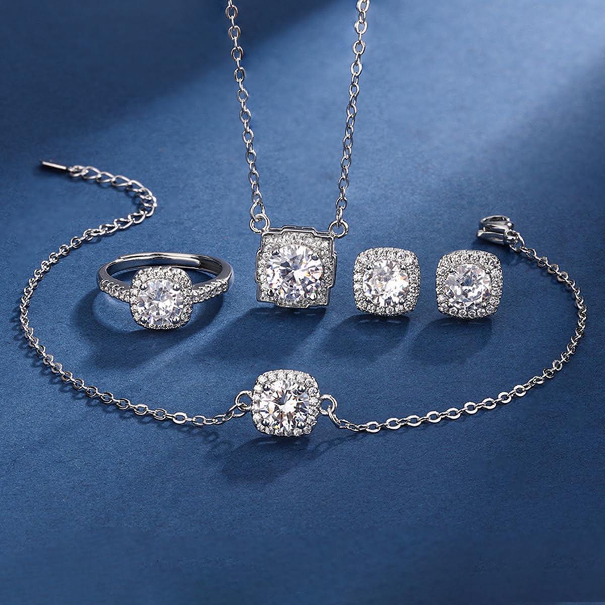 4pcs Cubic Zirconia Wedding Jewelry Sets for Bride Bridesmaid Cubic Zirconia Pendant Necklace Earrings Link Tennis Bracelet Open Ring Set for Women Birthday/Valentine's Day/Mother's Day/Christmas