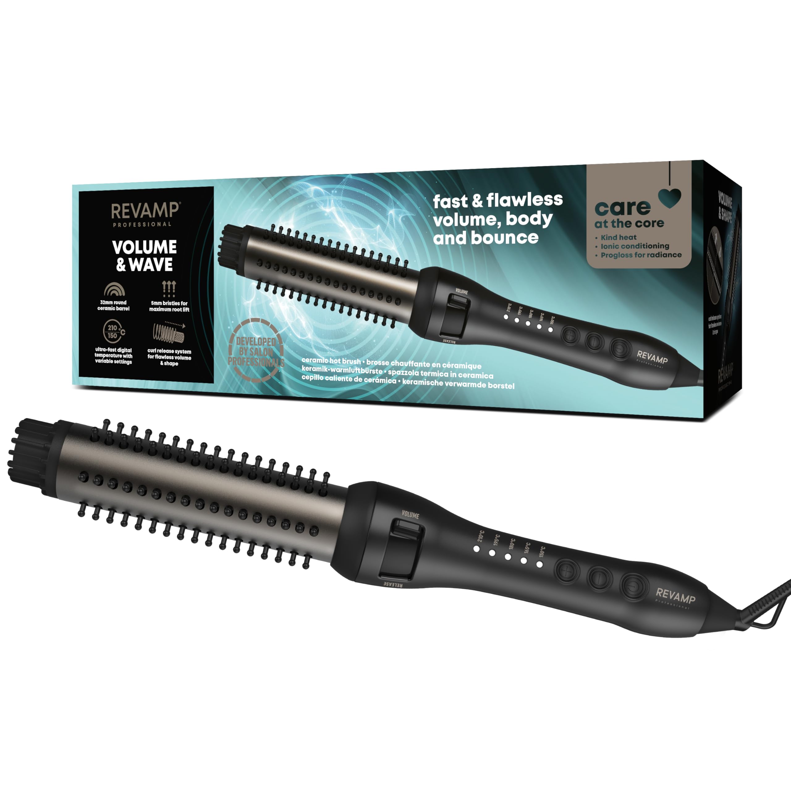 REVAMP Volume & Wave Cepillo Caliente de Cerámica 32 mm - Iónico | Barril Redondo, Aceites Progloss, Volumen Duradero, Calentamiento Rápido, Cerdas Retráctiles