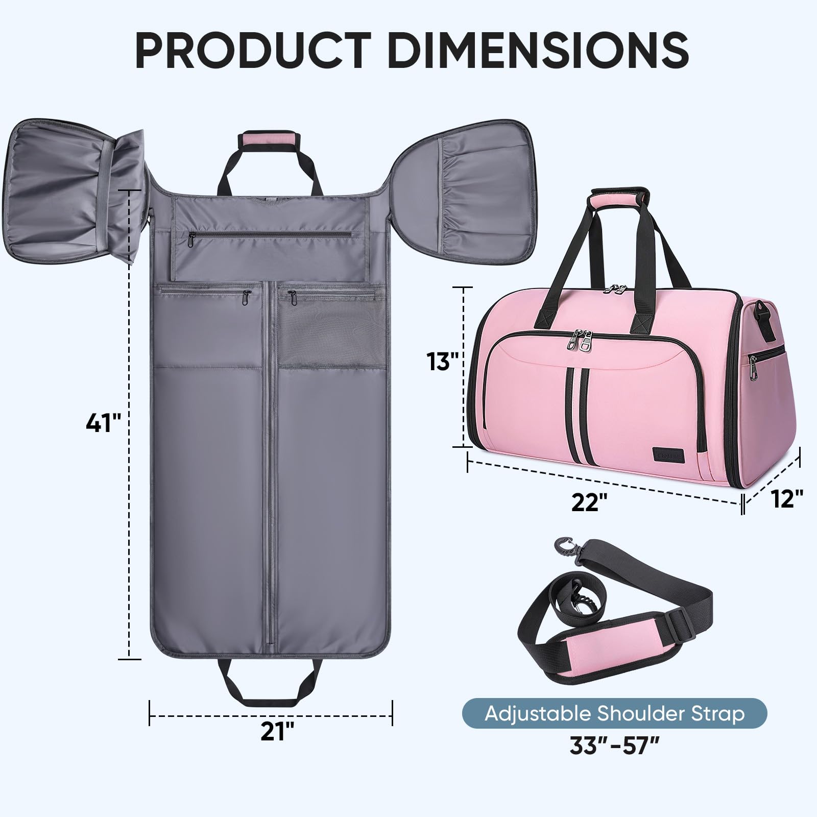 BALEINE Bolsa de ropa convertible con compartimento para zapatos, 2 en 1, bolsas de lona para viajes, bolsa de traje para hombres y mujeres, Rosado