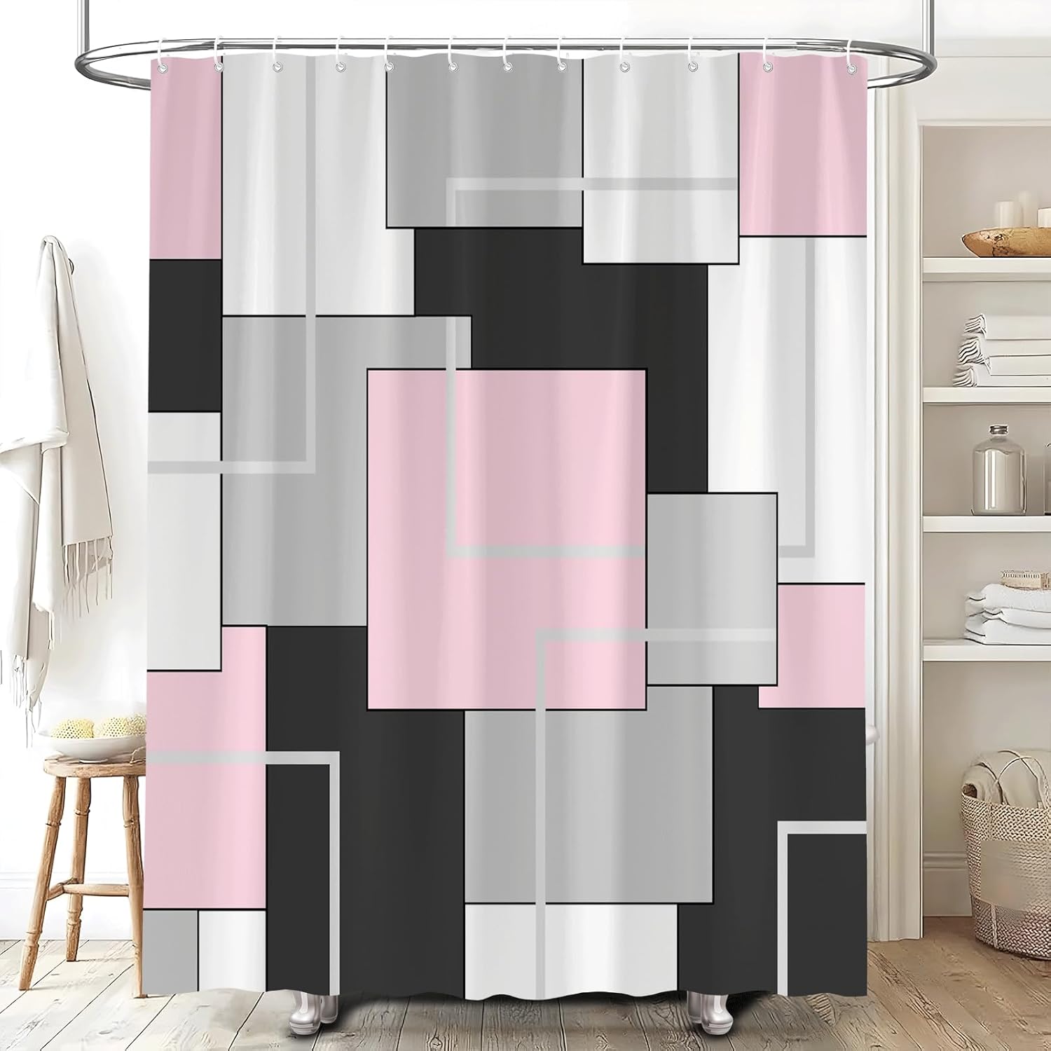Geometric Shower Curtain Abstract Geometry Mid Century Patchwork Contemporary Fashion Pink Simple Polyester Bathroom Decor Set with Hooks 70Wx90H Inch