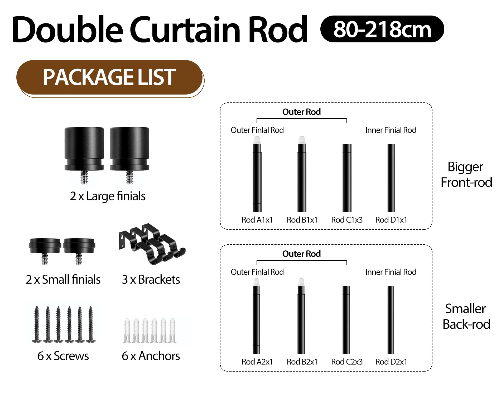HOTOZON Negro Barra de Cortina Doble 80-218 cm, 25 mm Diámetro Barra Cortinas Extensible con Remates Clásicos, Juego de Barra de Cortina Doble para Baño, Salón, Dormitorio
