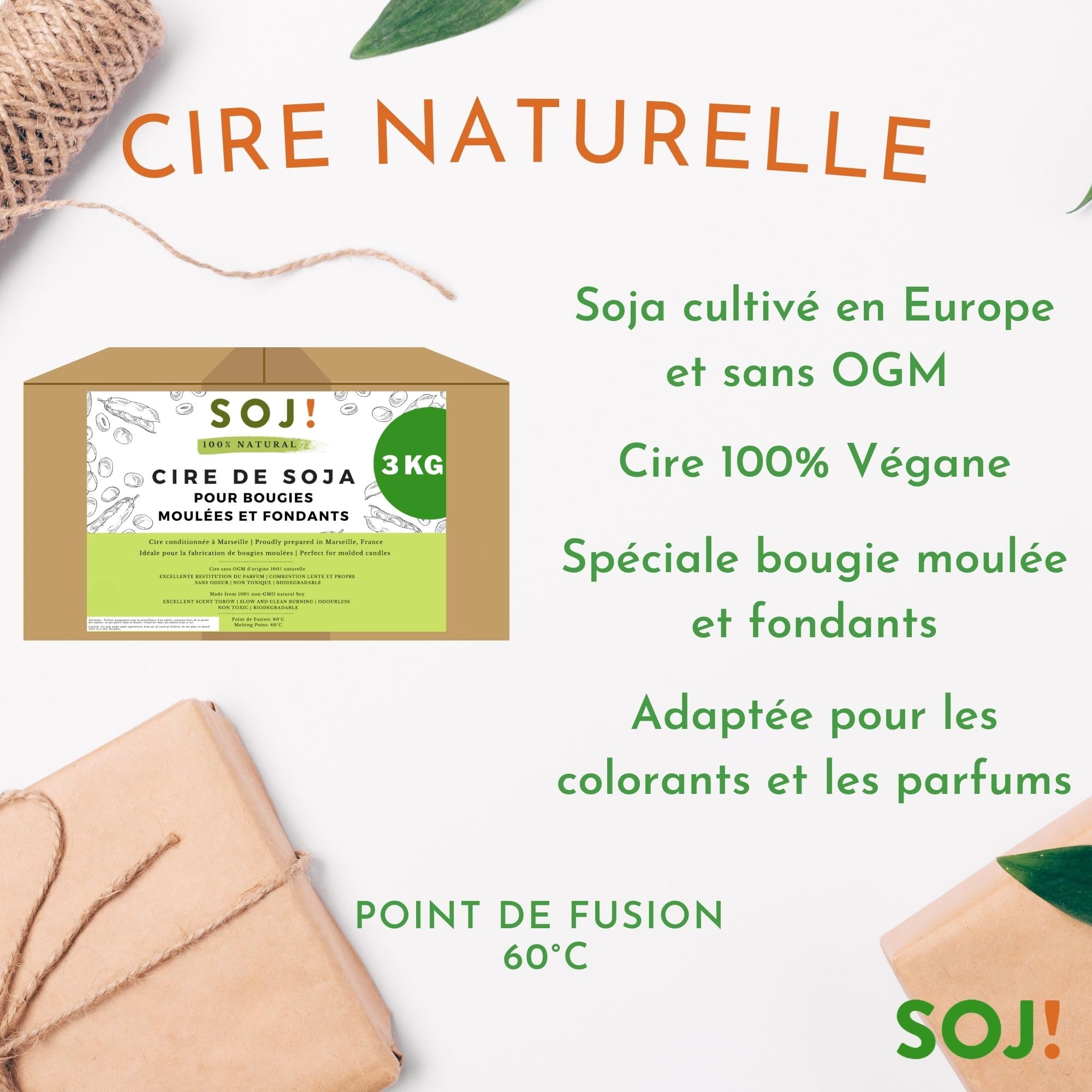 Cire de soja pour bougie moulée et fondant en pastille, Cire pour bougies sans OGM, 100% Naturelle et vegan, fabrication de bougies végétales, conditionnée en France (3KG)