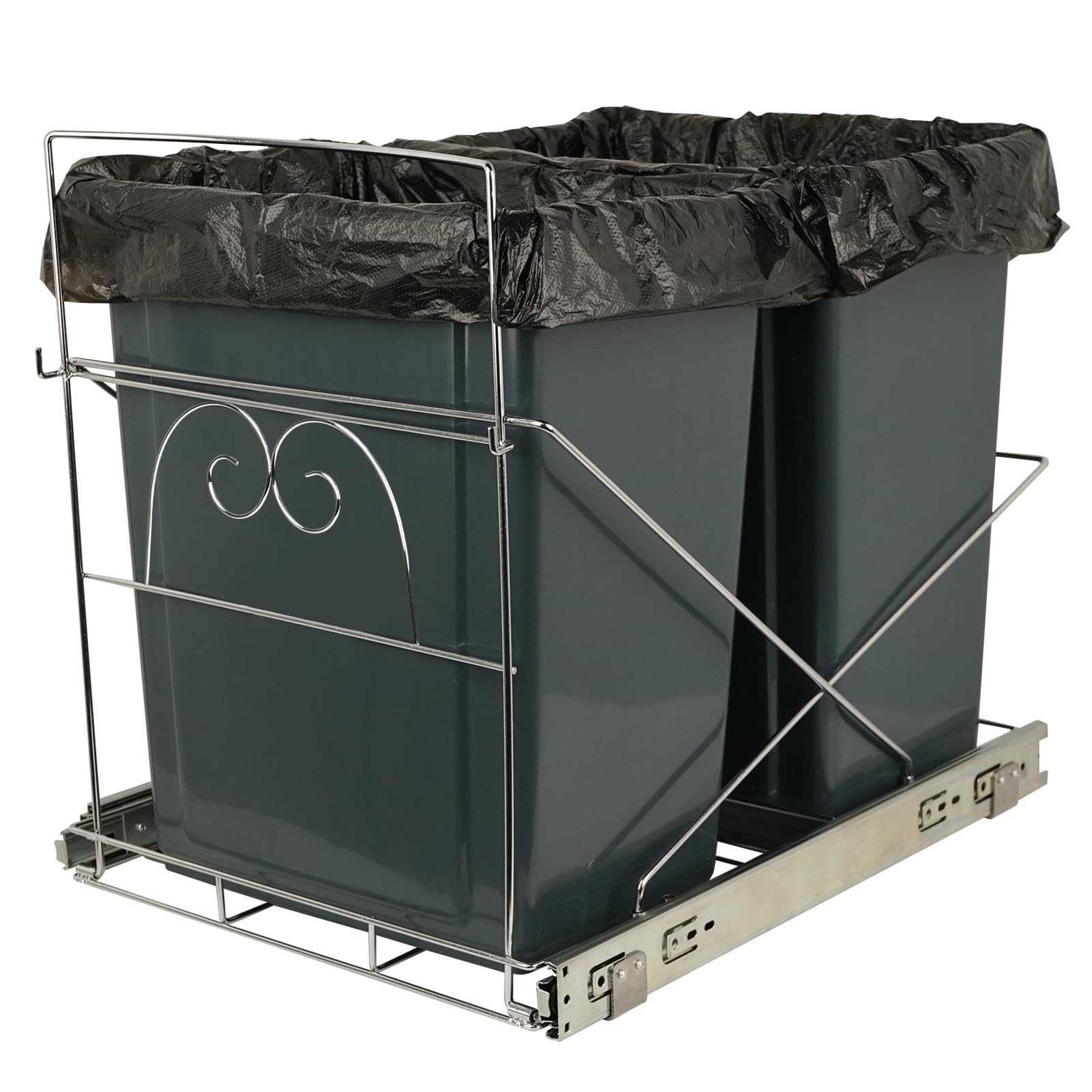 Nisorpa 15.8 Gallon Pull Out Trash Can 68 Quart Under Cabinet Kitchen Waste Container 30L+30L Double Bins with 50pcs Garbage Bags Slide Out Under Mount Garbage Recycling Bin for Kitchen Cabin
