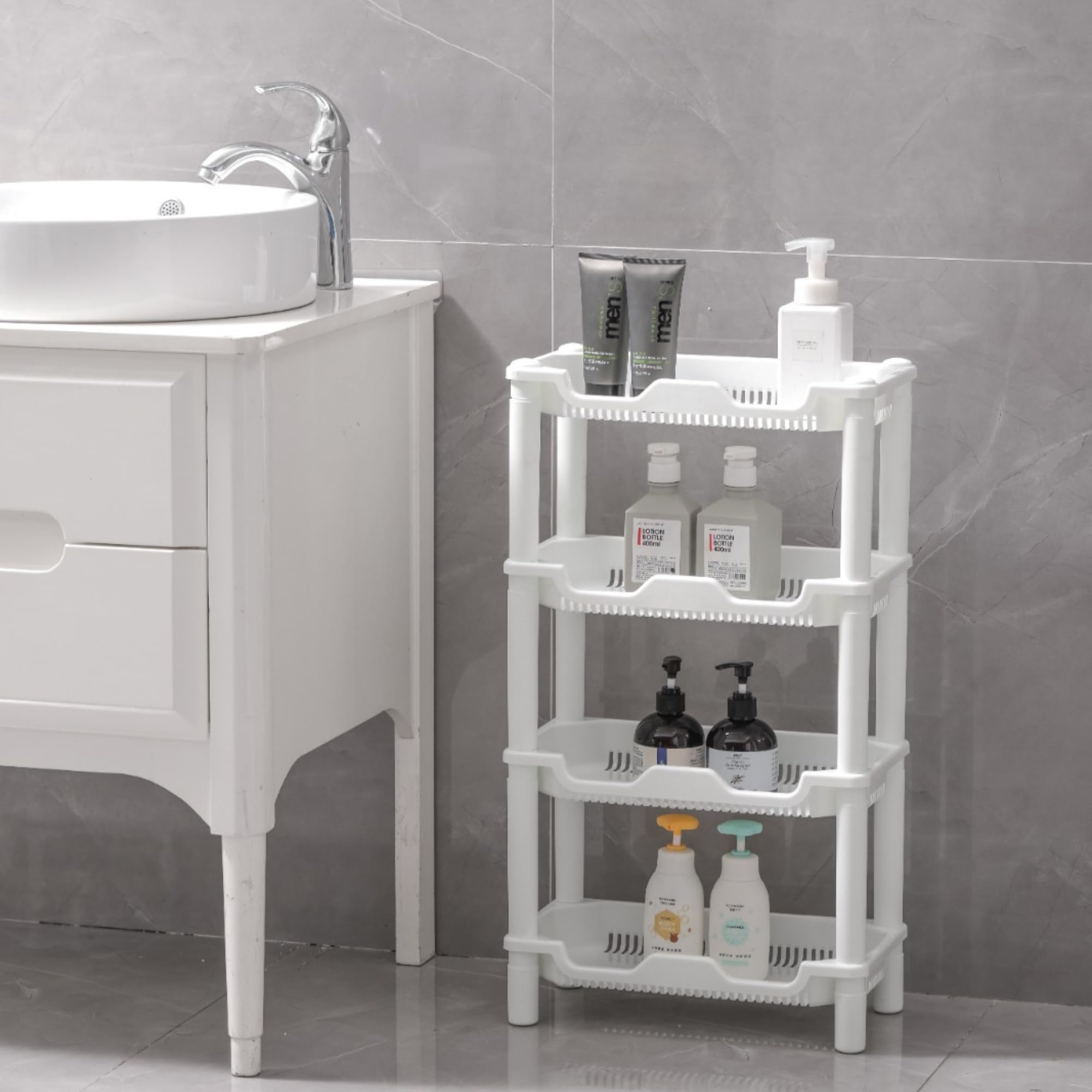 Estante organizador de ducha de 4 niveles, 40 x 20 x 69,5 cm, estante de ducha de plástico inoxidable para unidad de almacenamiento de baño (blanco rectangular)