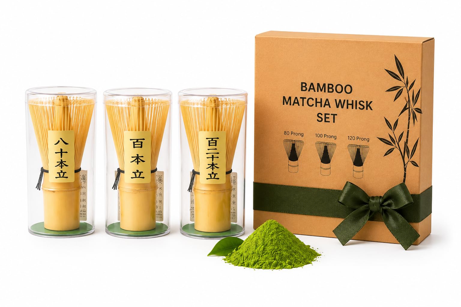 Traditional Bamboo Matcha Whisk Set – 3 Chasen Whisks (80, 100, 120 Prong) – Authentic Japanese Green Tea Whisk Kit for Matcha Latte & Tea Ceremony"