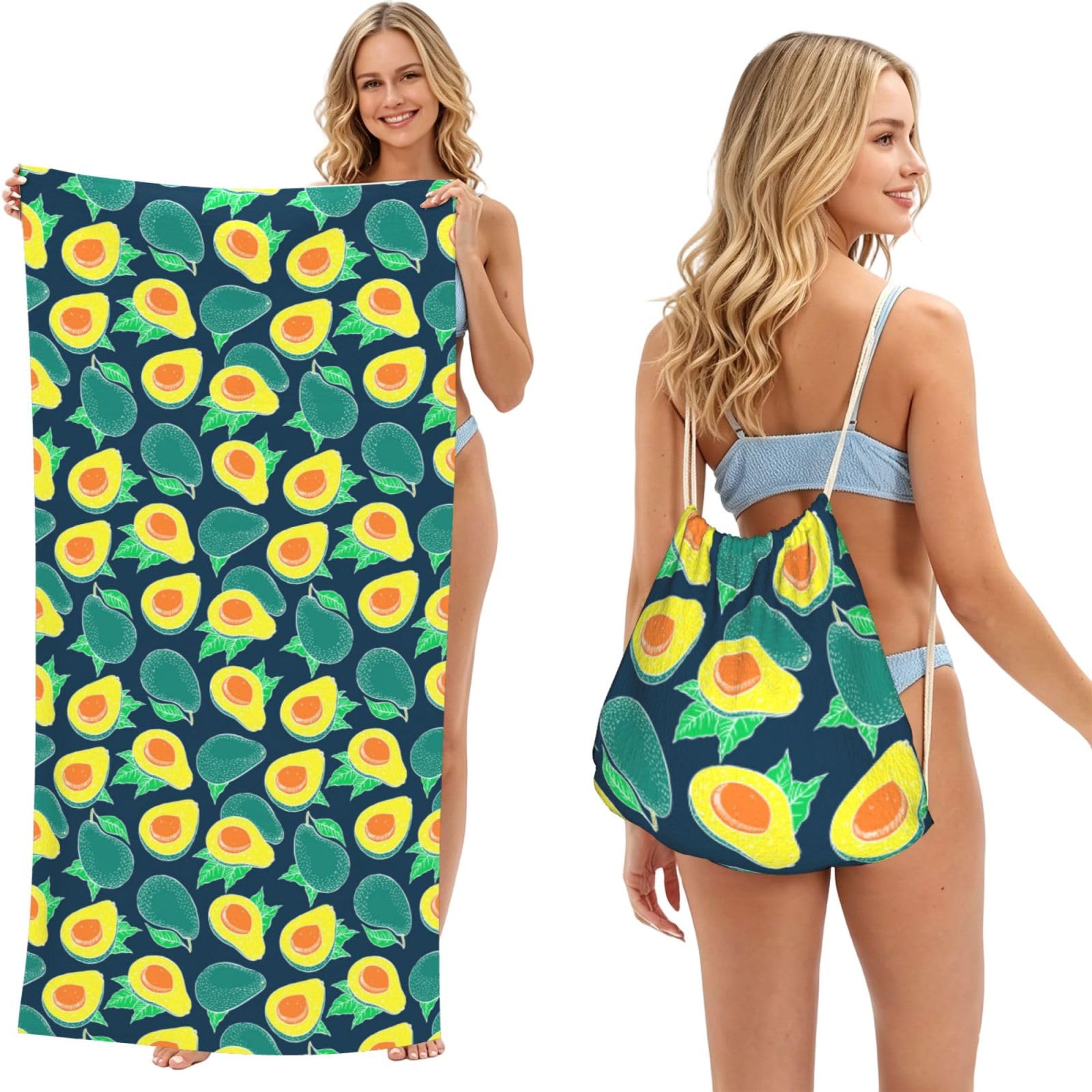Poadnly As Picture Avocado, 2 In 1 Packable Towel Bag, Beach Towels With Drawstring Backpack For Travel Holiday Camping