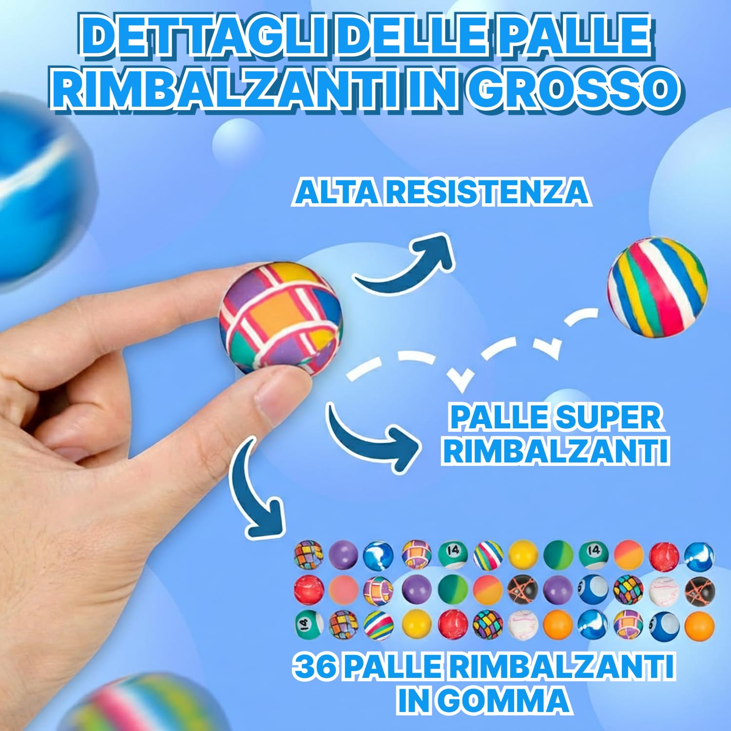 Bedwina Palline rimbalzanti sfuse - (27 mm) Assortimento di palline rimbalzanti ad alto rimbalzo, palline rimbalzanti in gomma colorate e piccole per bambini, confezione da 36 pezzi