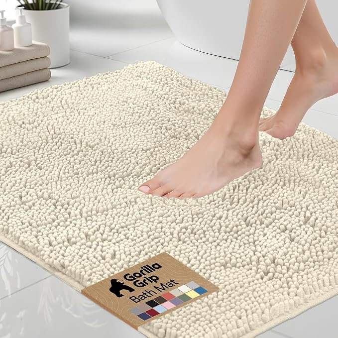 GORILLA GRIP Bath Rug Mat 48x17, Thick Soft Absorbent Chenille, Quick Dry Microfiber Mats, Rubber Backing Washable Shower Floor Rugs, Bathmat Runner, US Designed Bathroom Home Decor Accessories Ivory