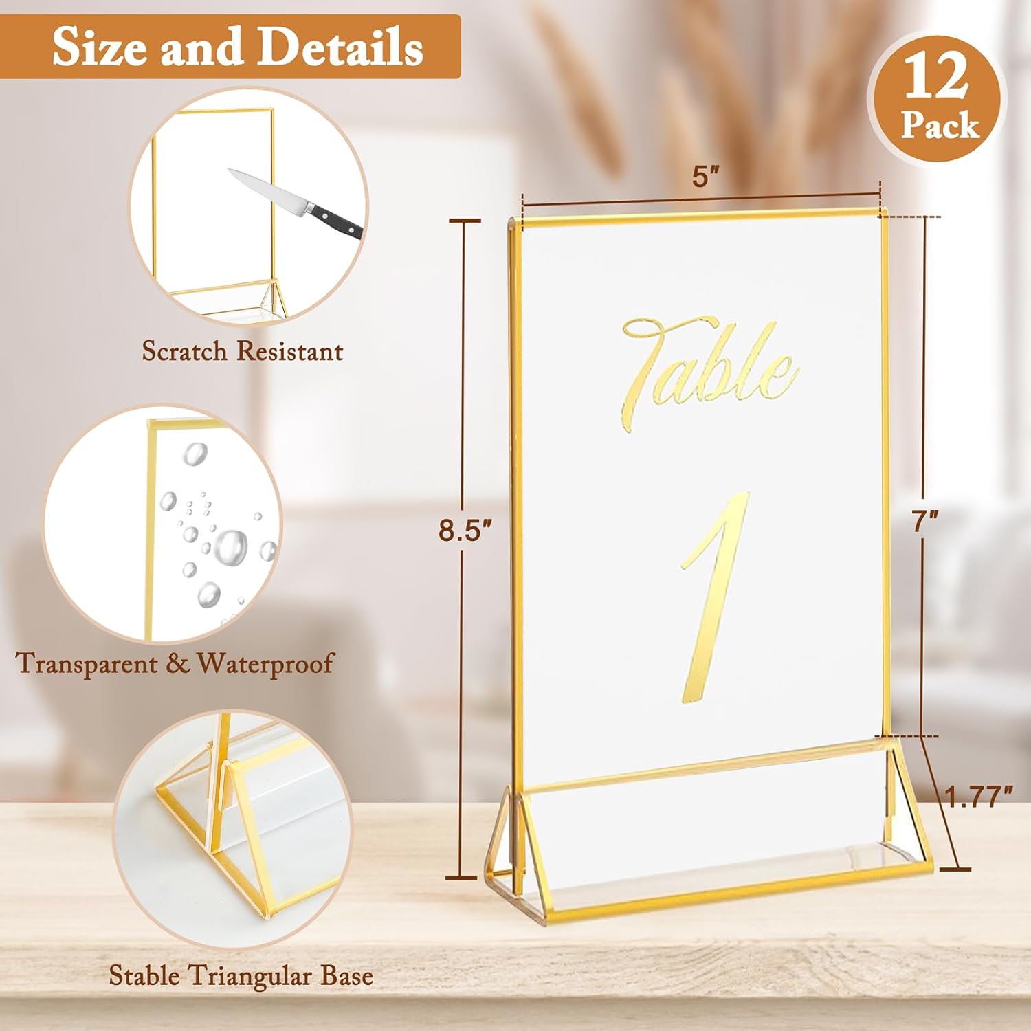 floroom 12 pack 5x7 inch clear acrylic sign holders, double-sided gold display stand picture frames for table numbers, menus, flyers, weddings, and offices gold 5" x 7"- 12 pack