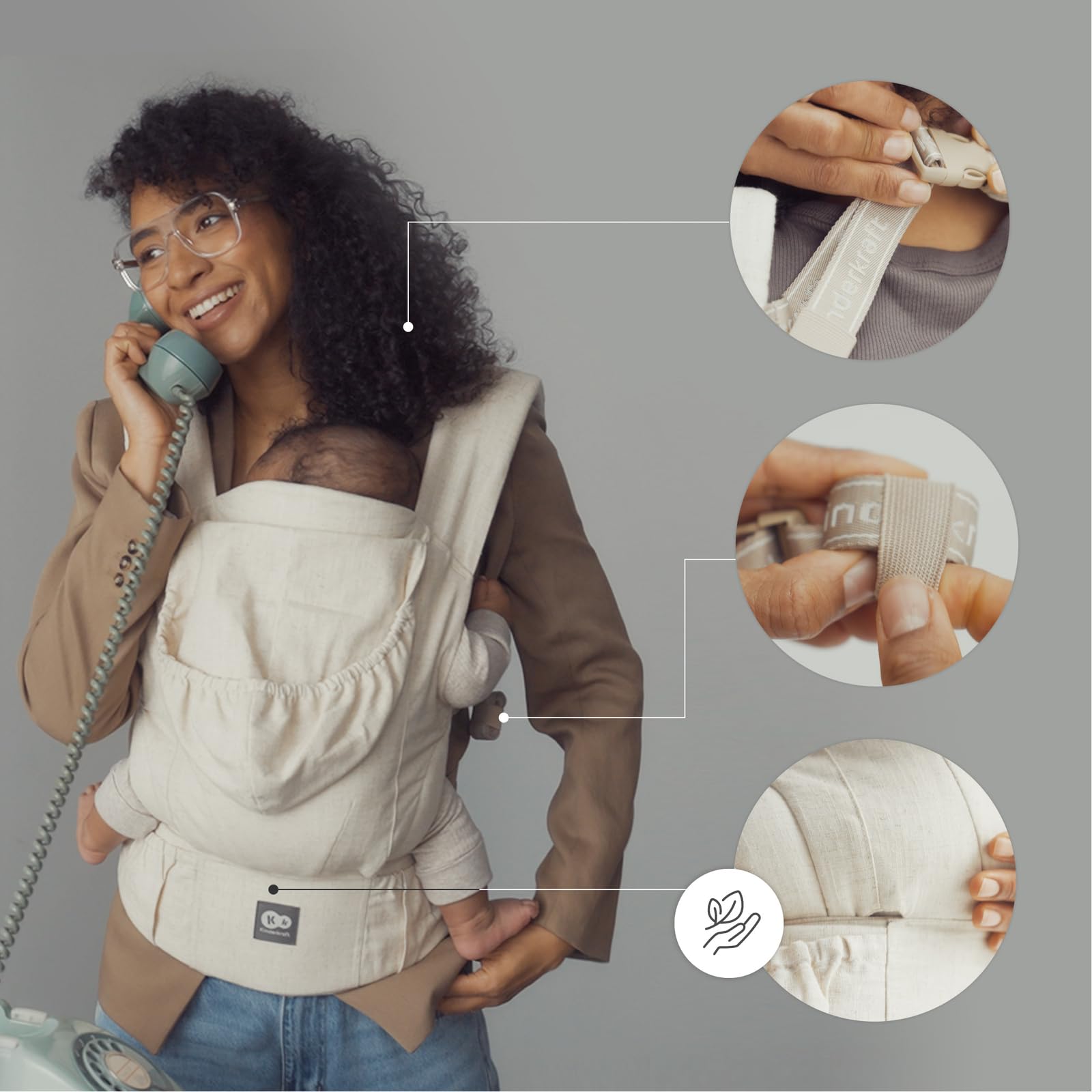 Kinderkraft portabebés ergonómico ELARA desde los 3 meses hasta 20 kg, 2 posiciones: delante y a la espalda, panel ajustable, bolsillos, capucha desmontable, lino y algodón transpirables