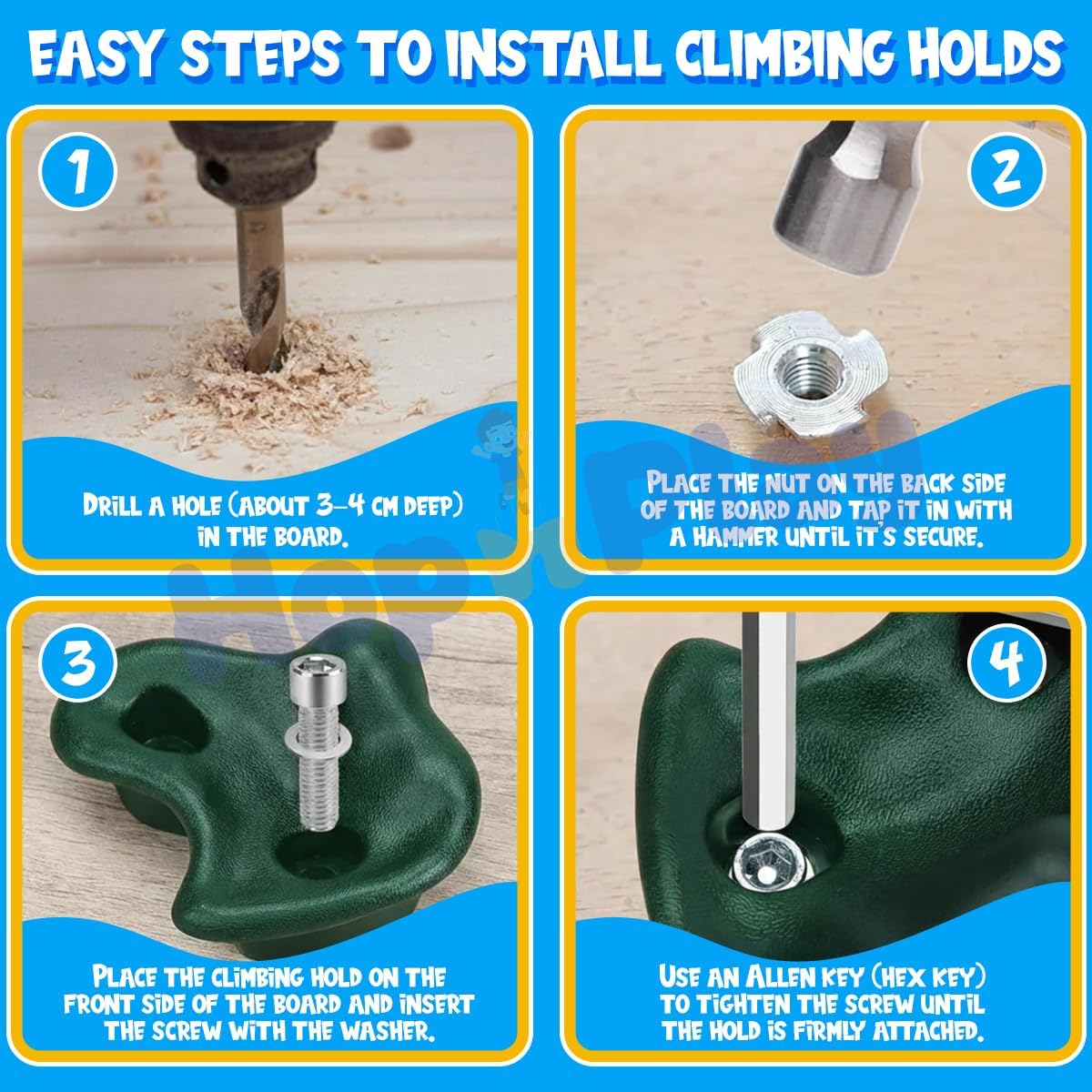 Hop N Play Large Rock Climbing Holds Play Set for Kids, Adult Wall Climbing Stone for DIY Children Playground, Wood Block, Pack of 12 4