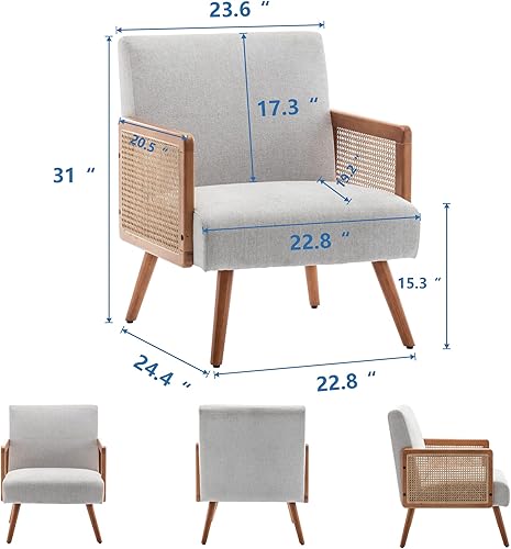 Miniatura 9 de Silla decorativa con brazos de ratán, silla moderna tapizada de mediados de siglo para dormitorio, sala de estar, sillas de lectura, sillón de