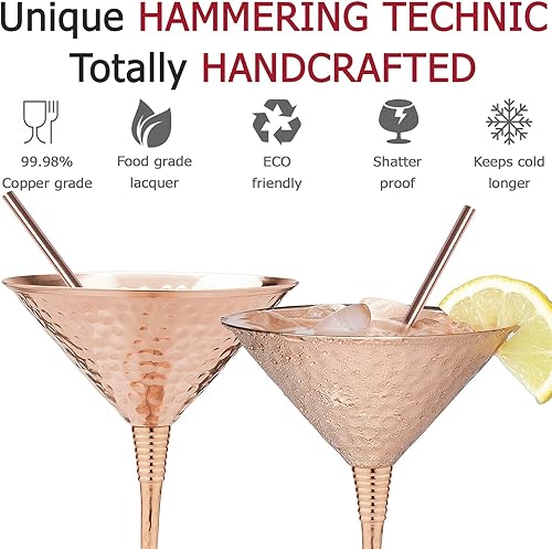 Miniatura 3 de Juego de vasos de martini de cobre de 2-9.5 oz - con 2 pajitas de cobre. Reemplazo martillado a mano para tazas de cobre Moscow Mule. Un juego de