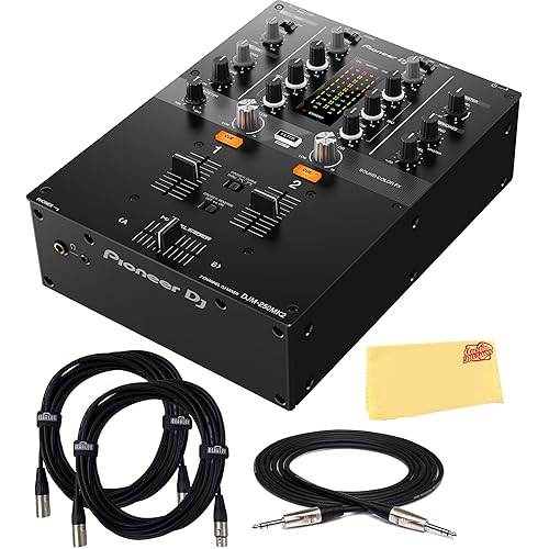 Pioneer DJM-250MK2 2-Channel DJ Mixer with Independent Channel Filter - Bundle with TRS Cable, 2 XLR Cables, and Austin Bazaar Polishing Cloth