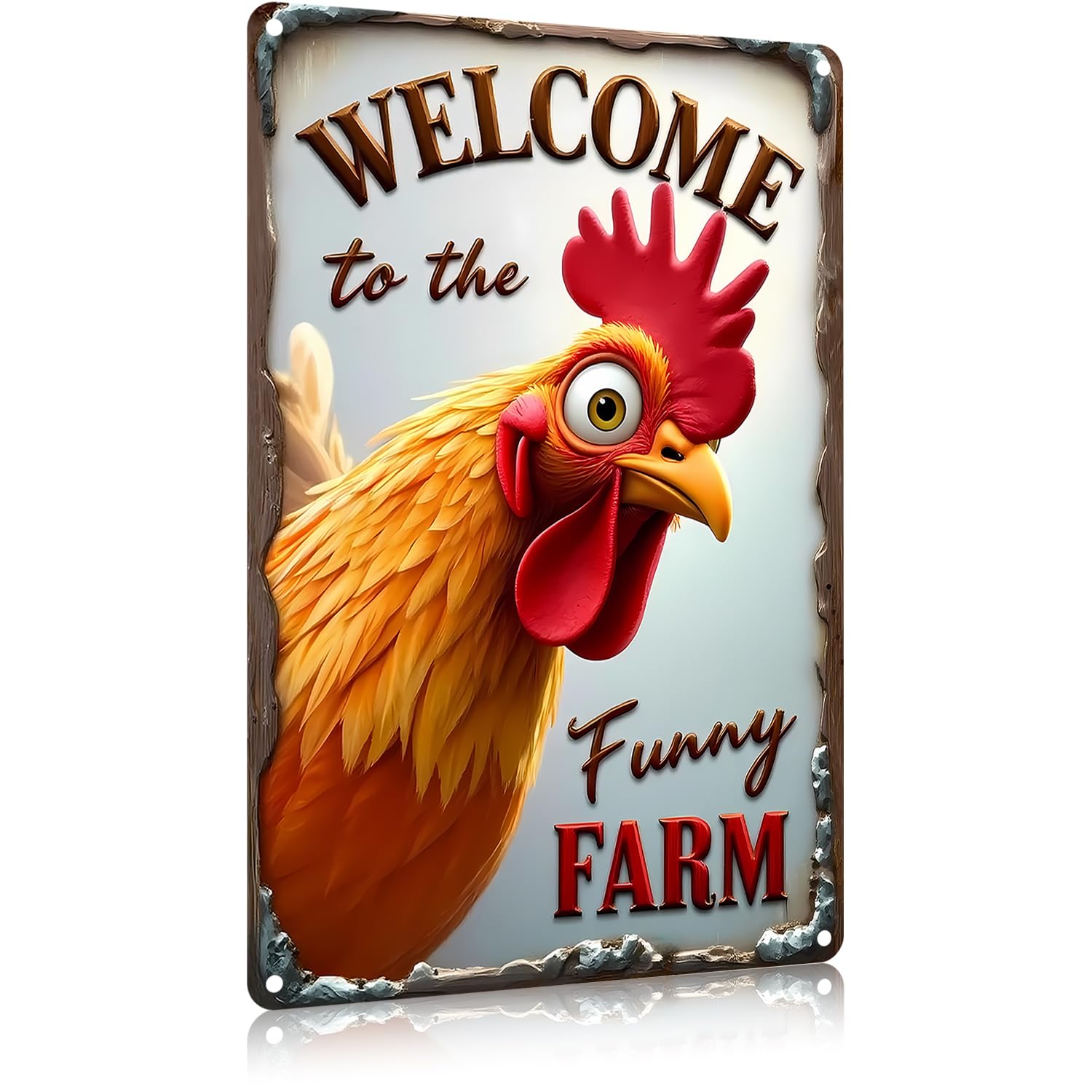 FunnySign Chicken Gifts Rooster Décor Welcome To The Funny Farm Rustic Tin Sign For Home Farm Chicken Coop Decor 8x12 Inch (9707)
