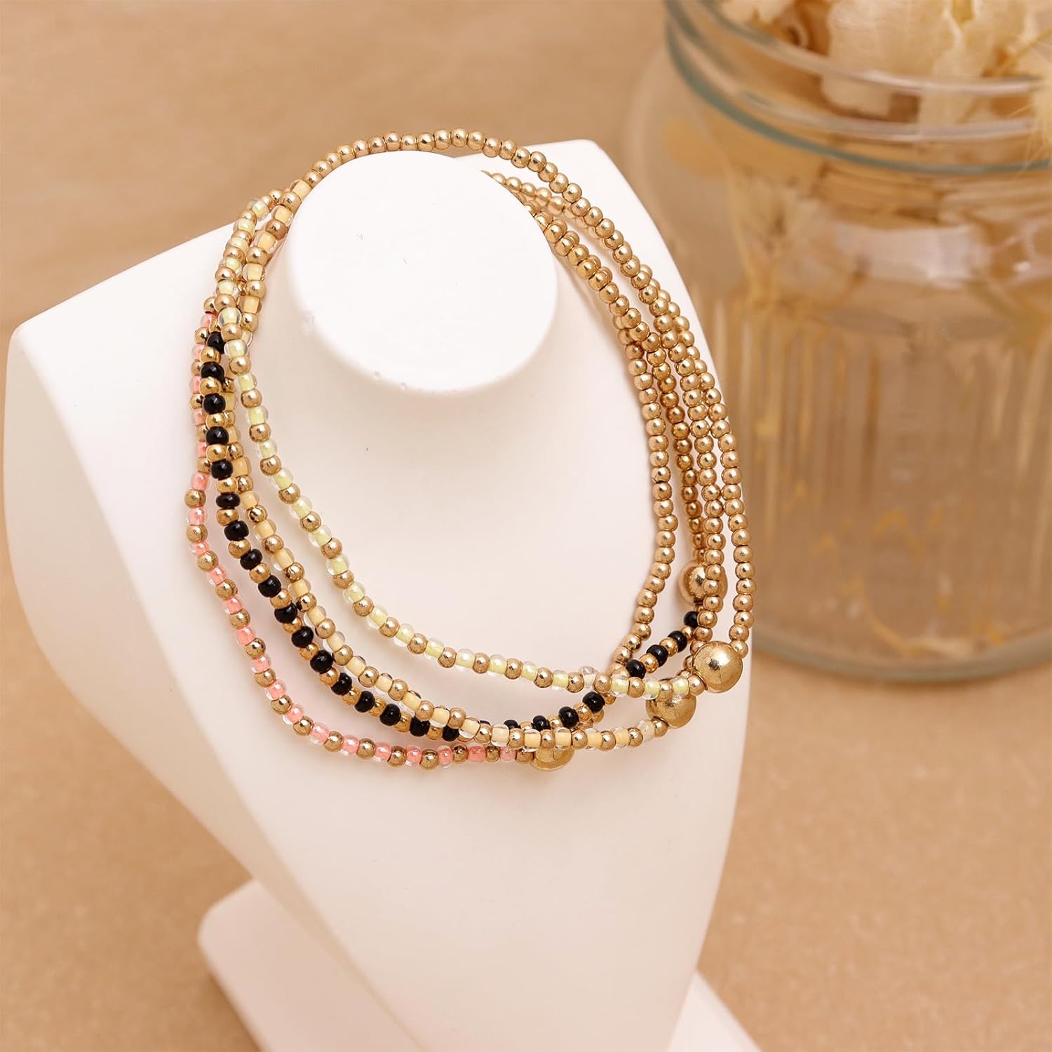 Small Black Pink Yellow Beige Beaded Stackable Friendship Bracelets Set for Women, 4Pcs Boho Handmade Gold Beads Stackable Stretch Summer Jewelry Gift. - Image 6