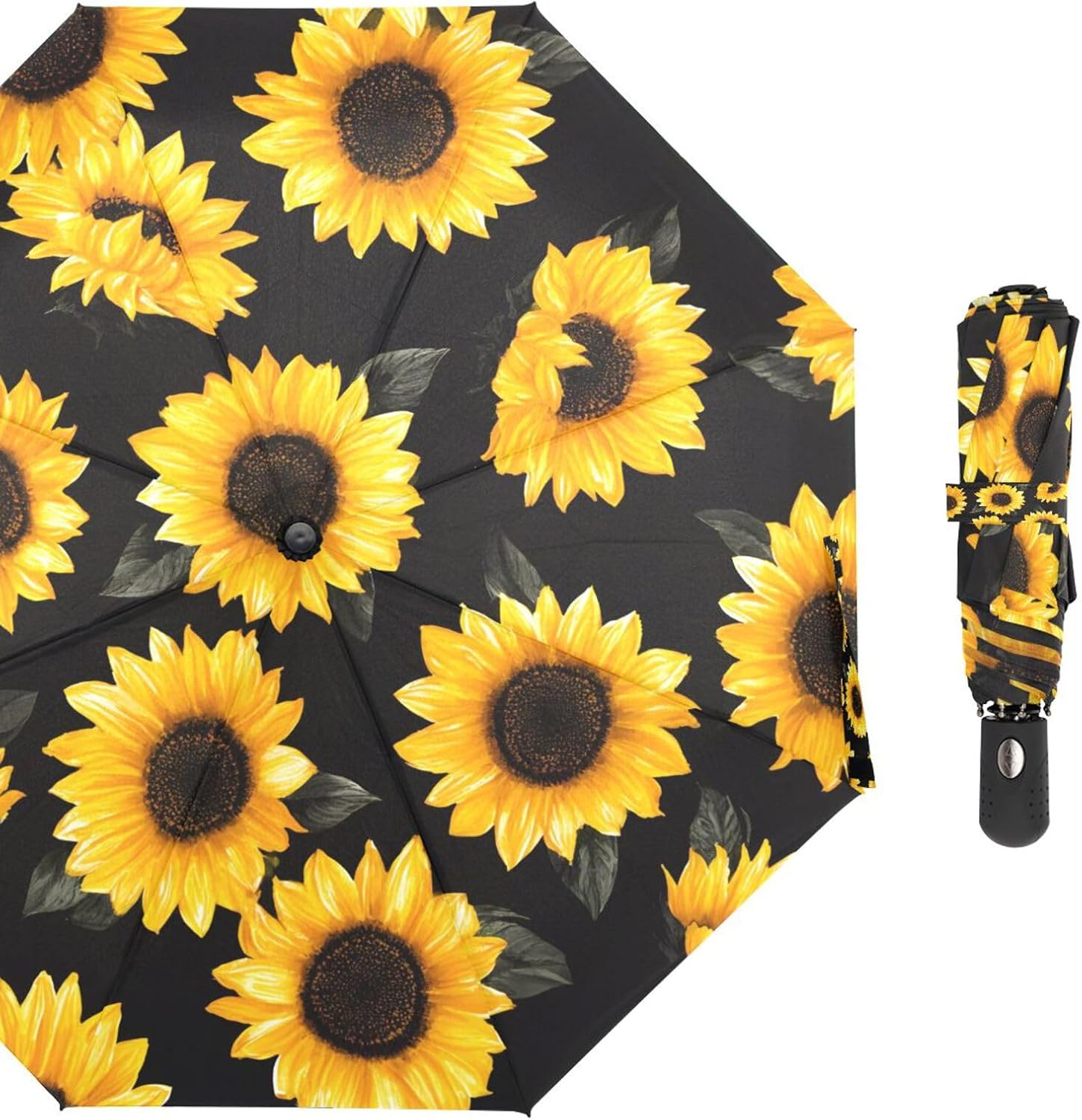 Black Sunflower Travel Umbrella Floral Totes Auto Open Close Windproof Compact Folding Reverse Umbrella Portable for Girls Women