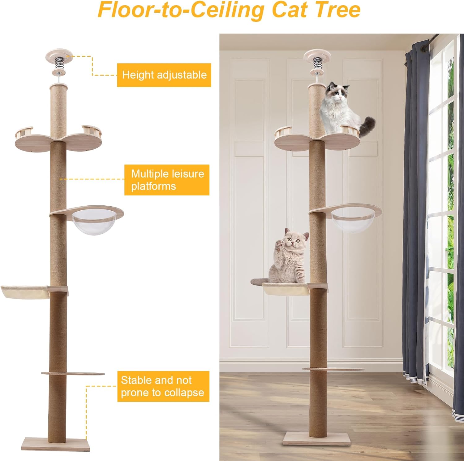 review KOLHGNSE Cat Tree, Floor to Ceiling Cat Tower with Adjustable Height(100.4-104.3 Inches), 5 Level Cat Climbing Tower with Cozy Hammock, Platforms for Indoor Cats