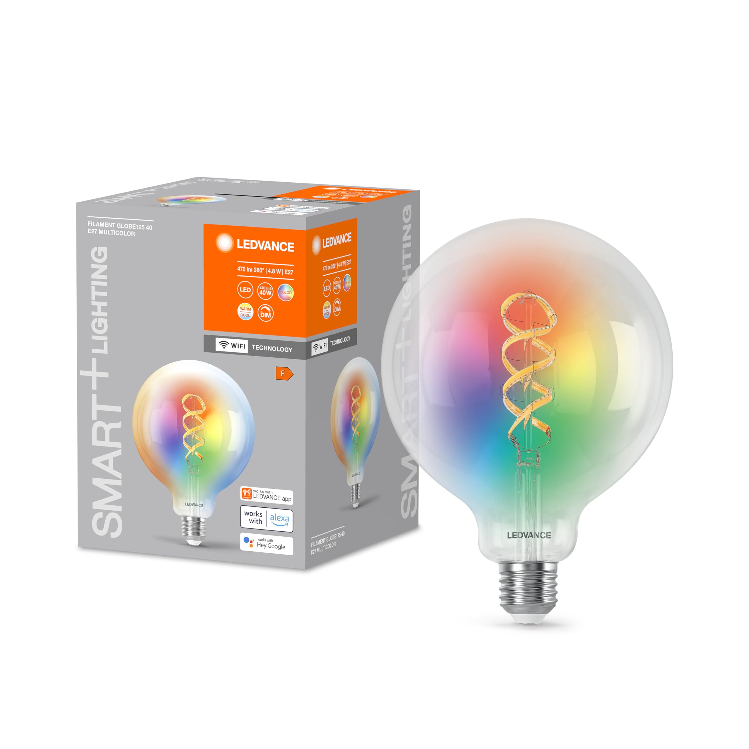 LEDVANCE SMART+ WiFi LED lamp, White Glass, 4.8W, 470lm, Globe Shape with 125mm Diameter & E27 Base, Adjustable Color & White Light, dimmable, app or Voice Control, Long Life