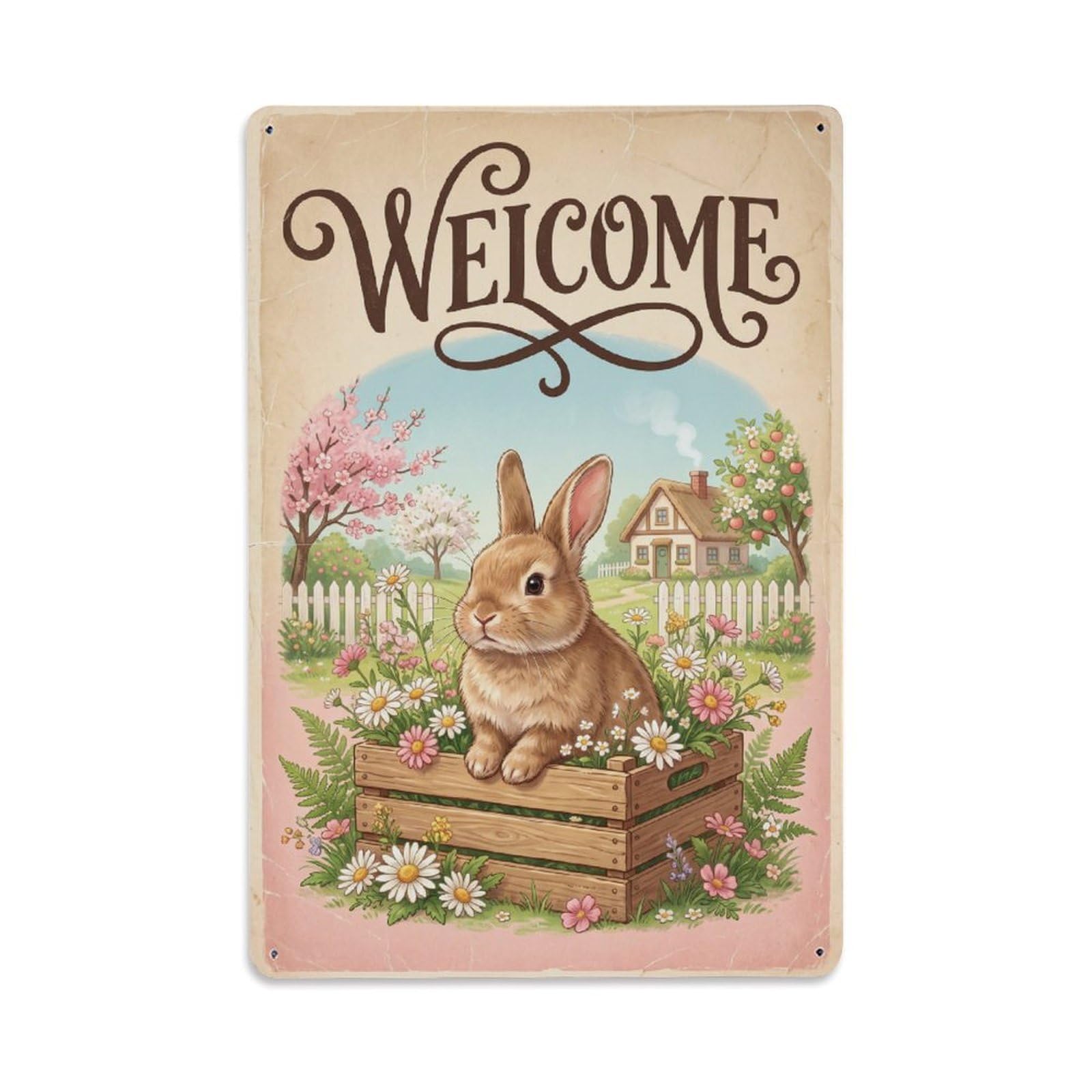 Cxhjca 8X12inch(20X30cm) [Vintage Welcome] Bunny Blooming Season Metal Tin Sign