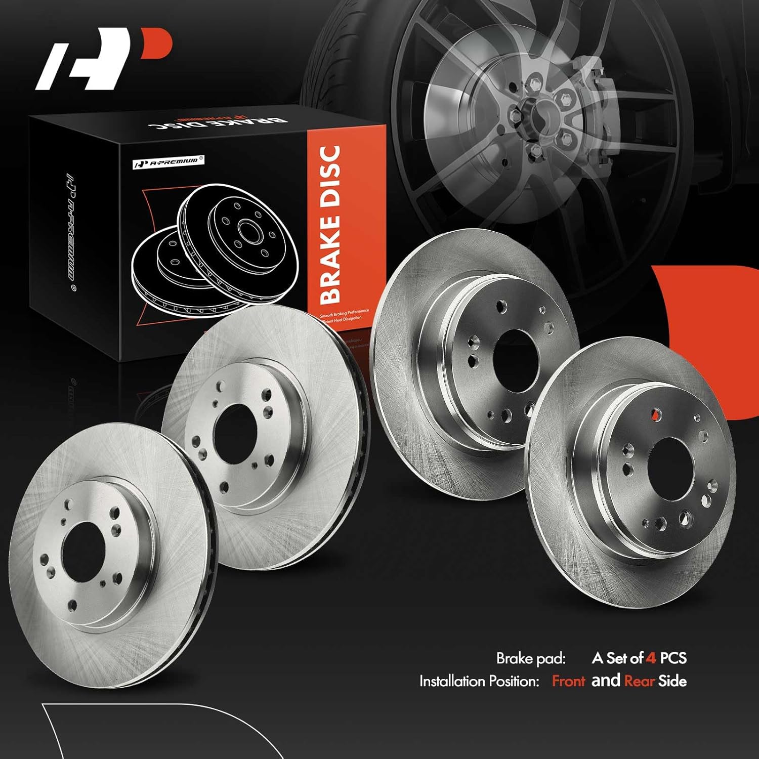 A-Premium Front Vented and Rear Solid Disc Brake Rotors Compatible with Select Honda Models - Element 2003 2004 2005 2006 2007 2008 2009 2010 2011 L4 2.4L DOHC, 4PC-Set
