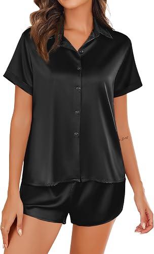 79% off promo code for Ekouaer Silk Pajamas for Women Short Sleeve Satin Pajama Set 2 Piece Button Down Loungewear S-XXL on Amazon