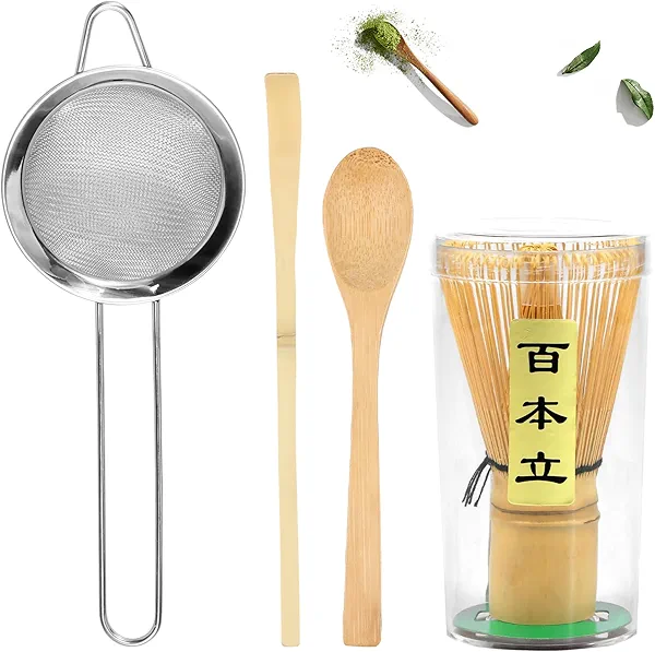 OKYMOTOR Matcha Whisk Set, 4 Pcs Matcha Kit - Matcha Whisk(Chasen),Spoon,Scoop(Chashaku),Stainless Steel Sifter,for Matcha Lover