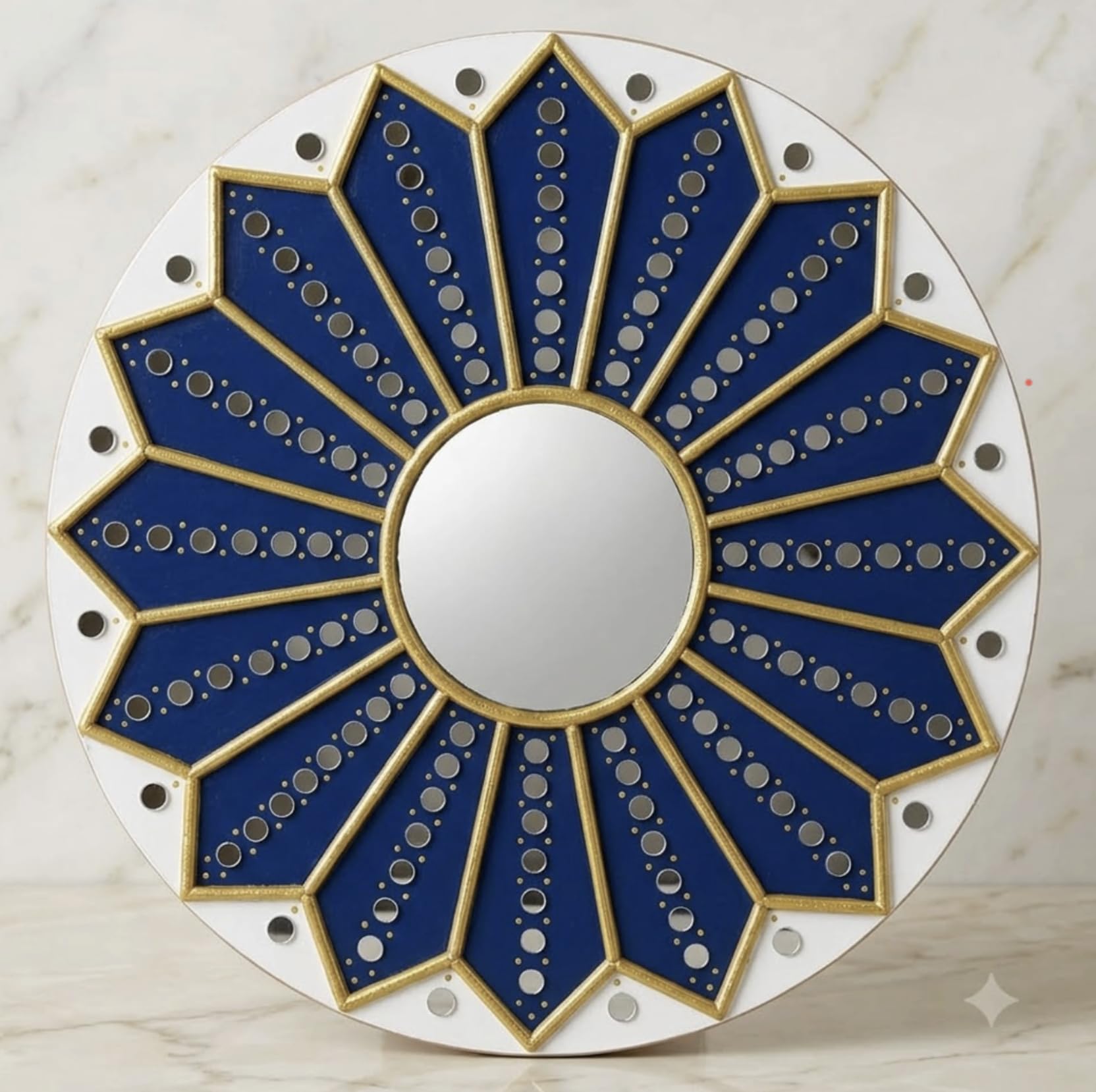 Handcrafted Clay Art Round Wall Mirror, 12x12 Inch (Deep Blue & Golden) | Home Entrance, Main Door, Living Room, Hallway, Bedroom, Office Entrance, Housewarming-image-11