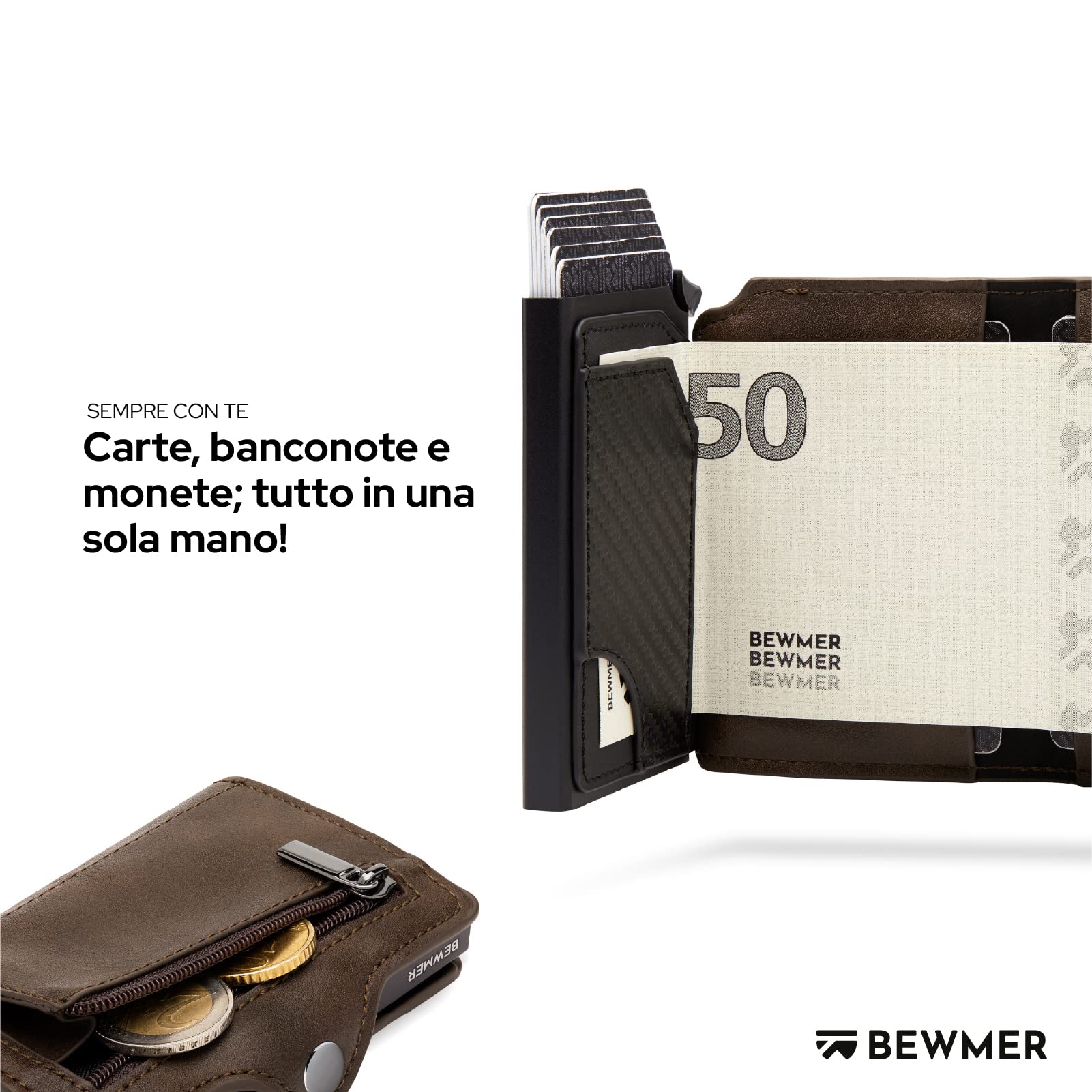 BEWMER Porta Carte di Credito 1 ZIP Schermato | Portafoglio Slim da Uomo e Donna | Porta Tessere e Documenti con Rfid Protection e Fermasoldi in Carbon Fiber (Marrone con Zip)