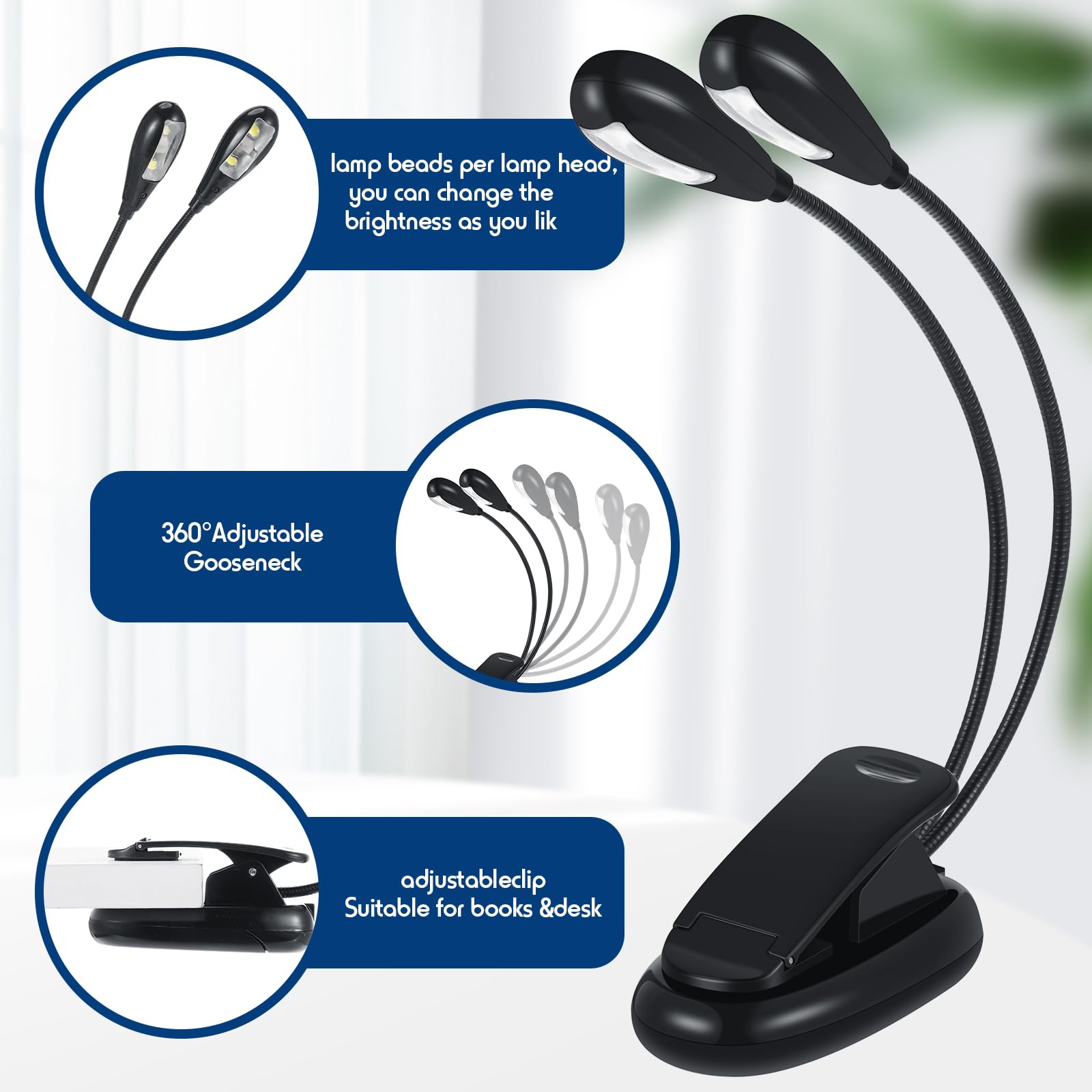 Rossesay 10 luces LED para libros, USB y AAA, funciona con pilas, soporte de música, luz de lectura, 4 niveles de brillo, lámpara de clip de doble brazo para protección ocular, gusanos de biblioteca,