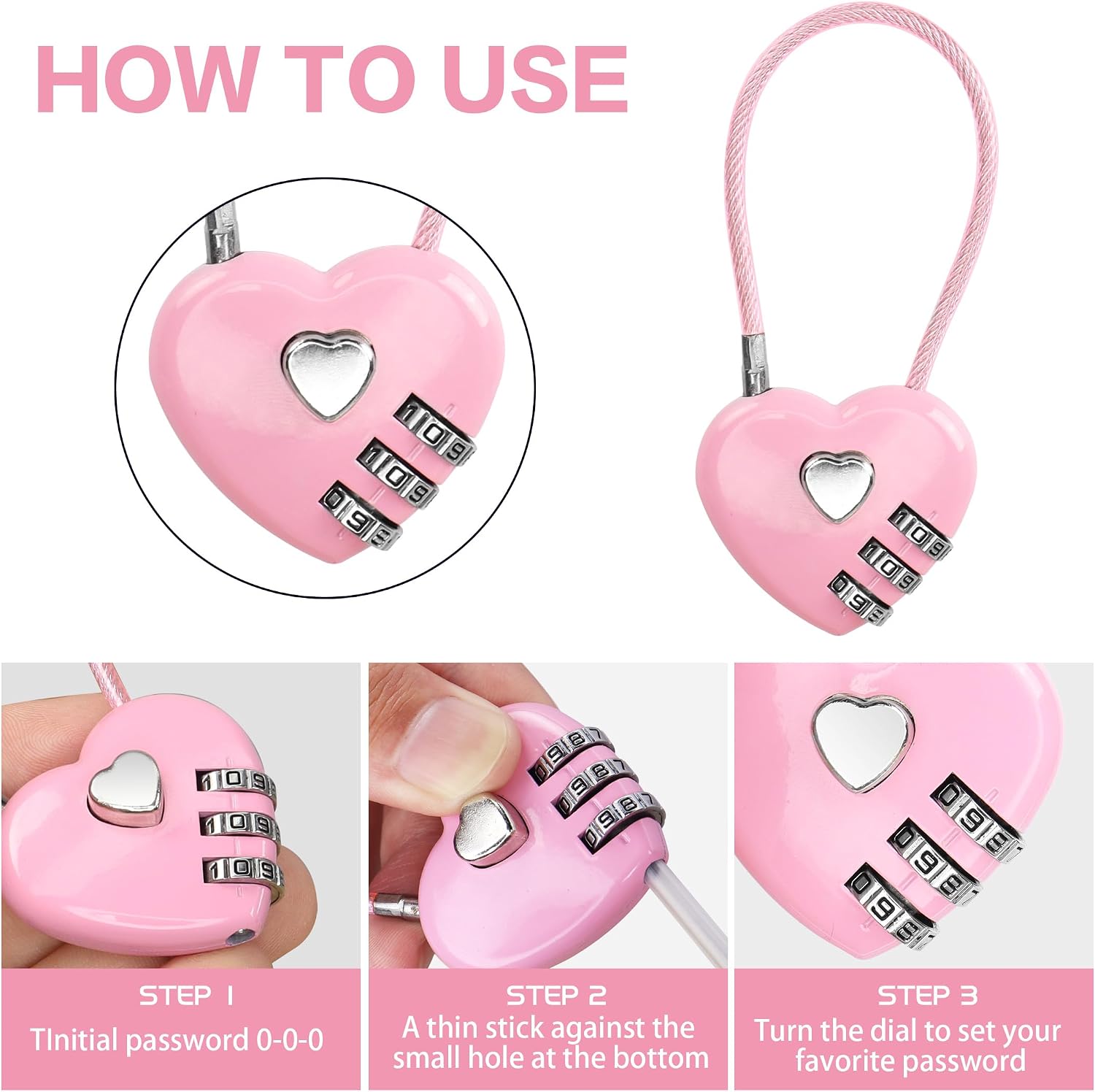 2 Pack Combination Lock, 3 Digit Heart Shaped Padlock for School Gym Locker, TSA Approved Cable Luggage Lock, Lock forLocker, Luggage,Fence,Backpack,Valentine Gift (Pink)