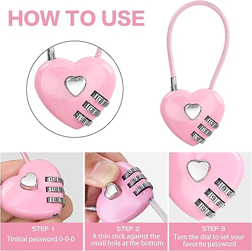 Miniatura 7 de YAODHAOD Paquete de 2 candados de combinación, 3 dígitos en forma de corazón para casillero de gimnasio escolar, cerraduras de equipaje con cable
