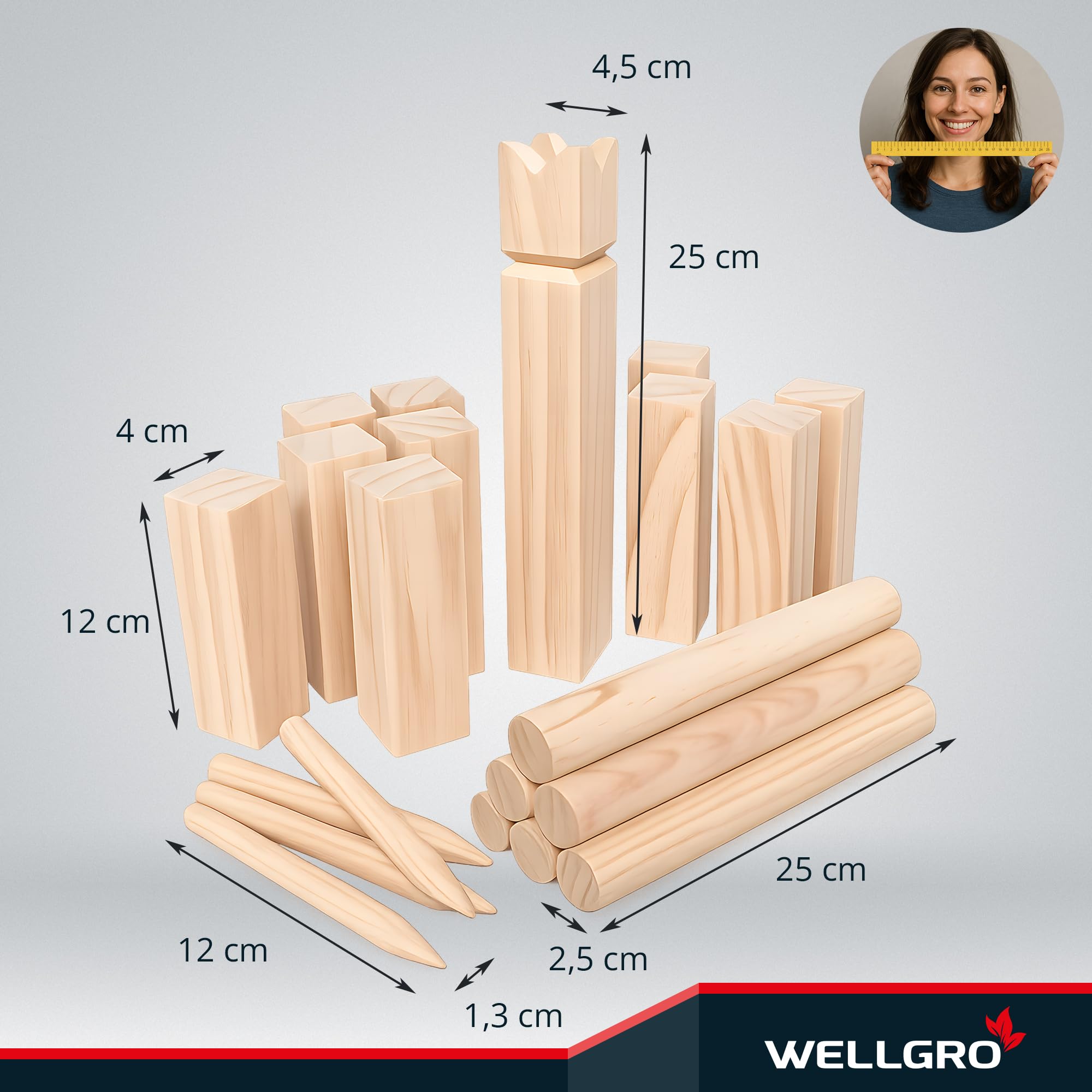 WELLGRO Kubb Spiel aus Holz für 2-12 Spieler – Schwedenschach mit Naturholz König, Netzbeutel & Anleitung, Wikinger Schach Outdoor