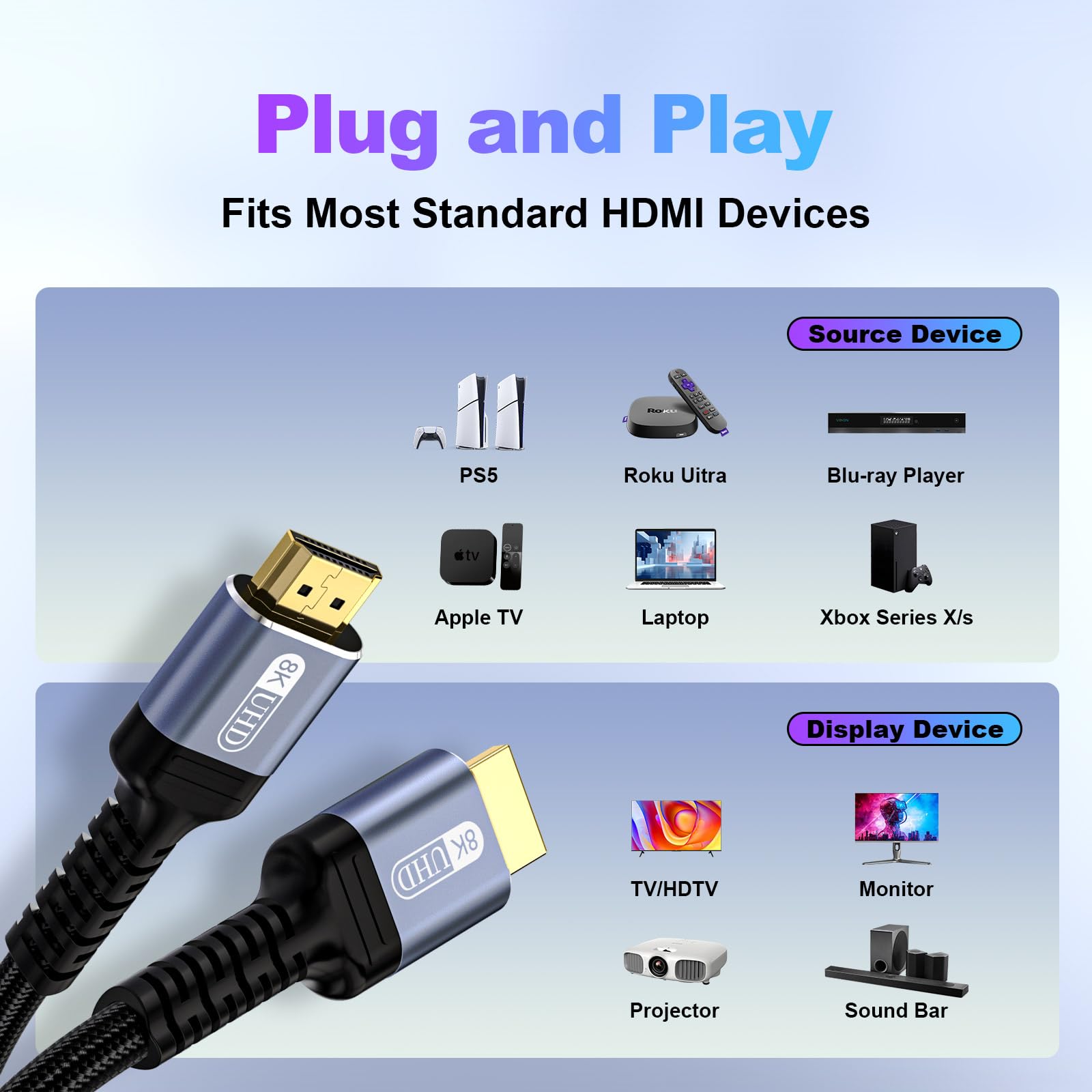 Cavo HDMI 2.1 8K da 2,4 m, 48 Gbps, in nylon intrecciato ad alta velocità, resistente, cavo HDMI 8K a 60 Hz, 4K a 120 Hz, compatibile per monitor/TV/PS5 4 3/laptop/Xbox Series X/proiettori