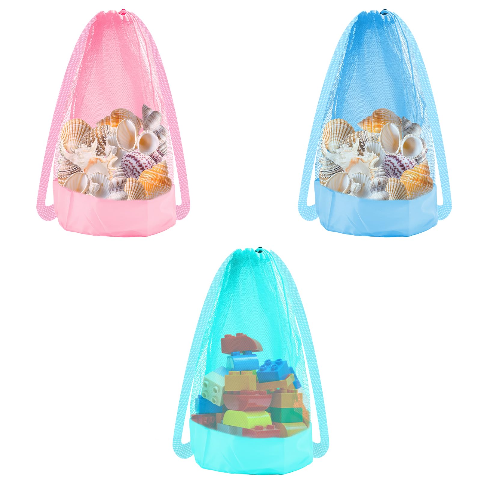 BOXOB 3pcs Beach Toy Bags, Large Capacity Mesh Sand Toy Bags Drawstring Closure Practical Seashell Collecting Storage Backpack for Holding Towels Beach Essentials