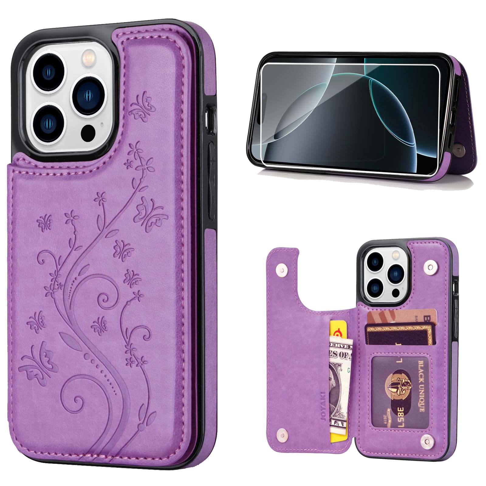 JOYAKI Wallet Case for iPhone 16 Pro,Slim Protective case with Card Holder,Embossed Butterfly Premium PU Leather Kickstand Case with 1 Screen