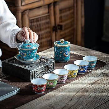 Amazon.co.jp: 中国伝統茶器カンフー茶碗蓋とソーサー付き、伝統三彩