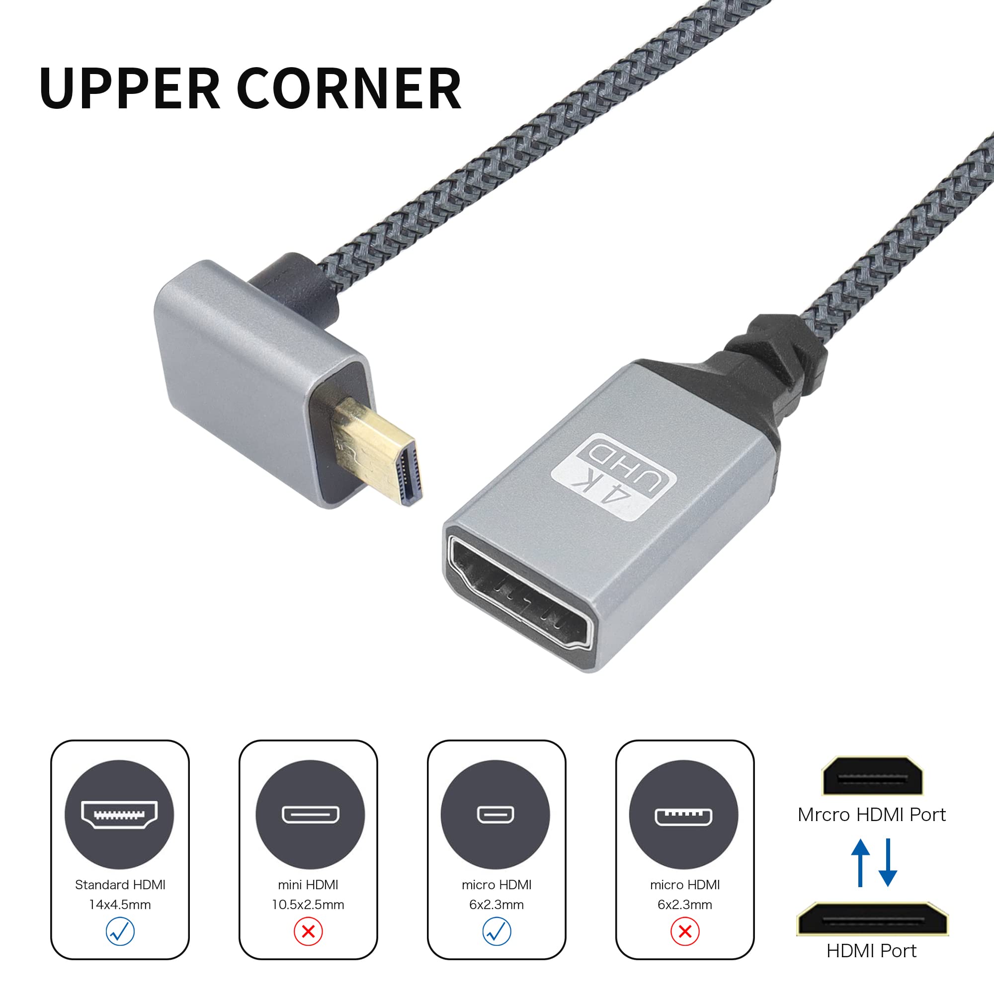 Cavo adattatore da micro-HDTV a HDTV 4K, angolo di 90 gradi, micro maschio a HDTVS femmina, cavo corto in nylon intrecciato in alluminio, supporta 4K UHD, per laptop, TV(20 cm)