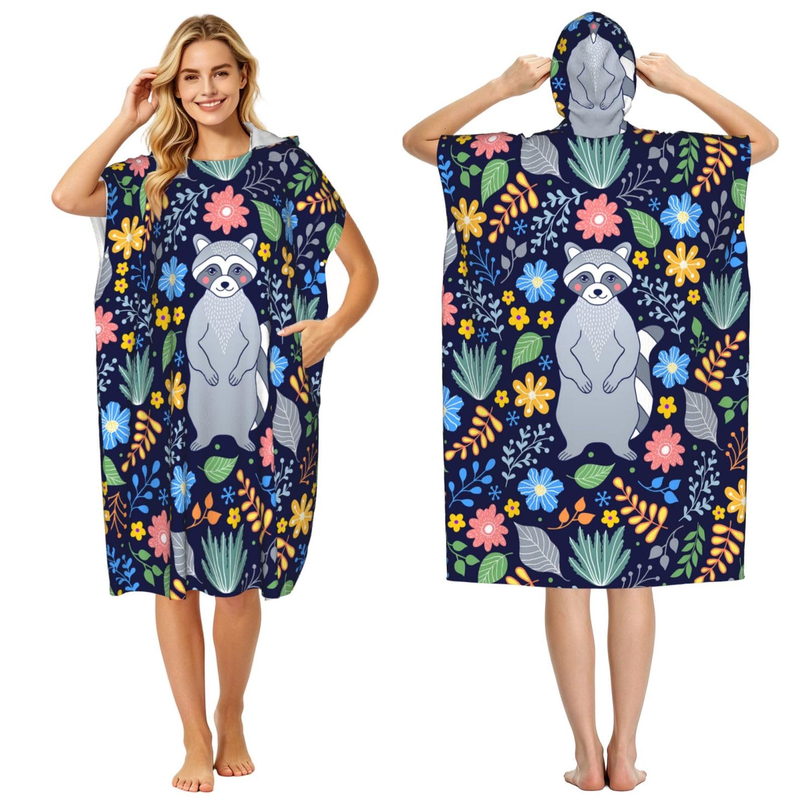 Poadnly Raccoon And Tropical Flowers, Adult Hooded Beach Towel 90 x 110 cm,Changing Bath Robe, Surf Poncho Towel For Women Men