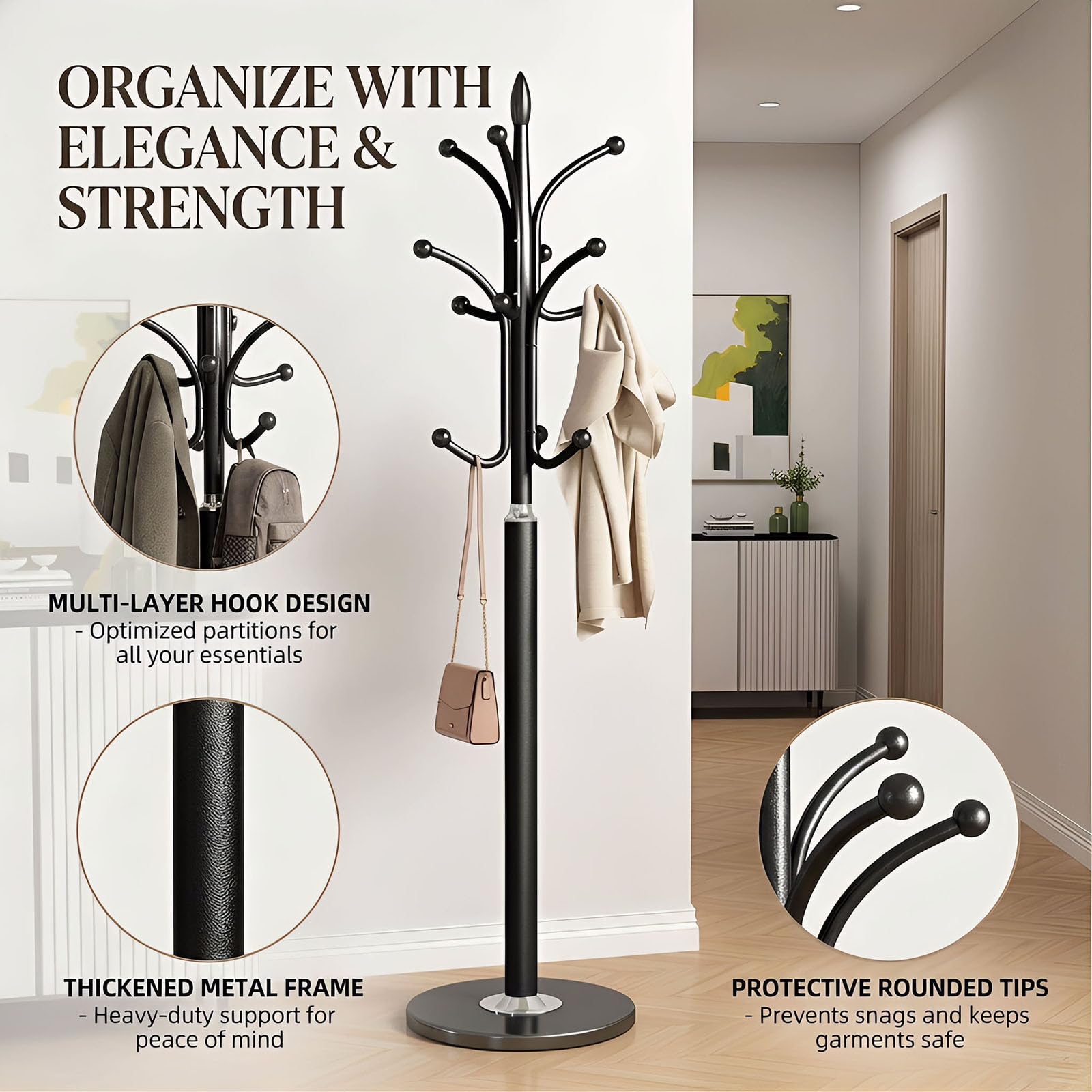 Appendiabiti da Terra Metallo Design Albero Base in Marmo 6 Ganci Stabile
