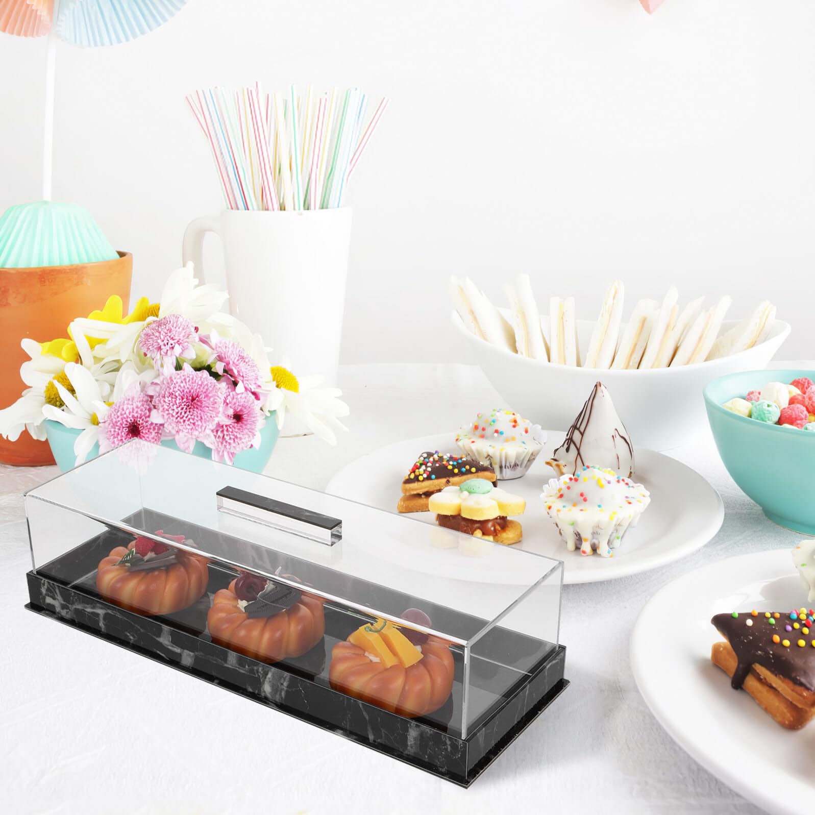 KICHOUSE Porta Torta Rettangolare in Acrilico Coperchio e Alzata, Vassoio Espositivo per Cupcake e Dolci, Supporto Stabile per Piccoli Alimenti, per Buffet e Eventi