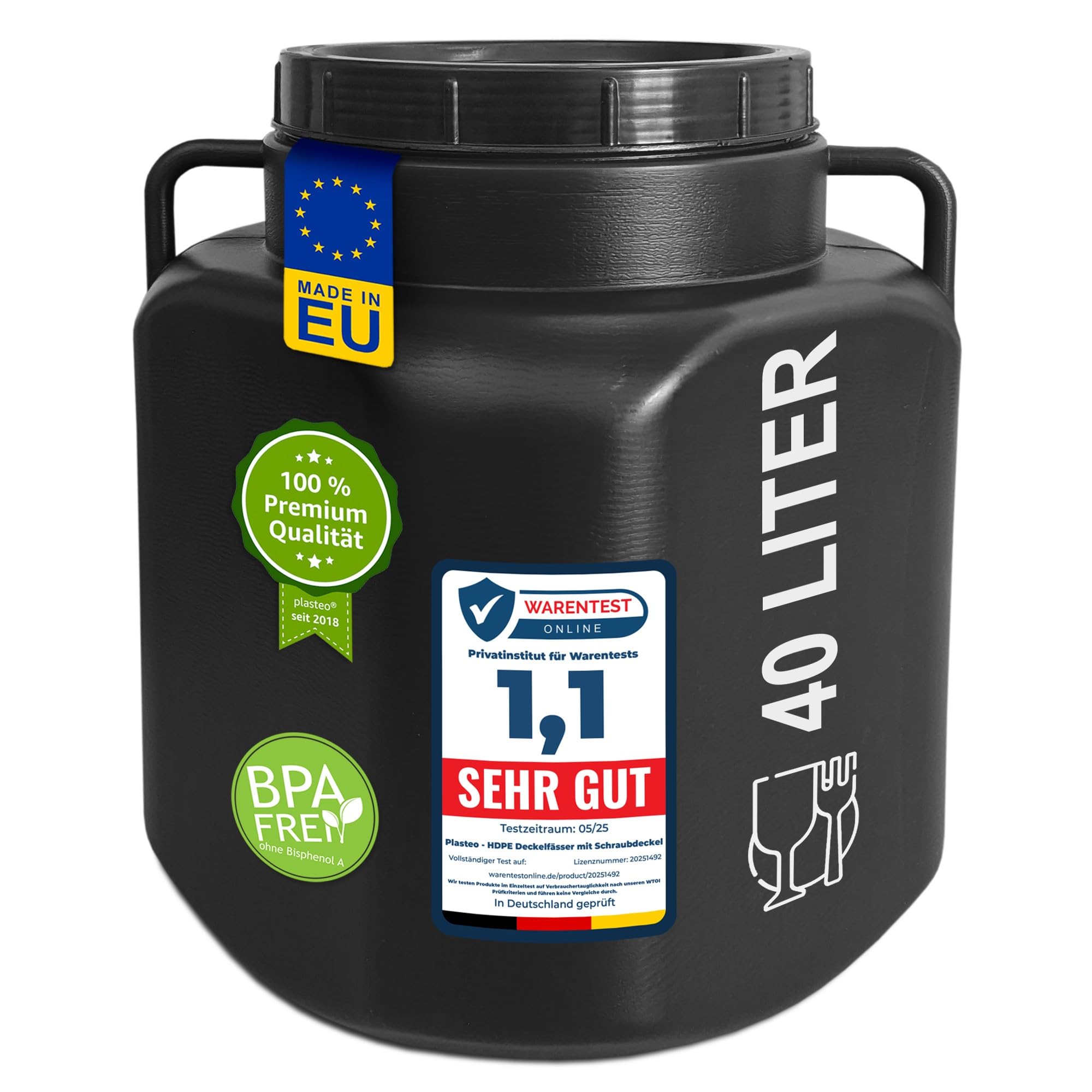 plasteo Baril à col large de 40 litres avec couvercle et poignées, rectangulaire, noir, pour aliments et sans BPA, en plastique, universel, pour eau de pluie