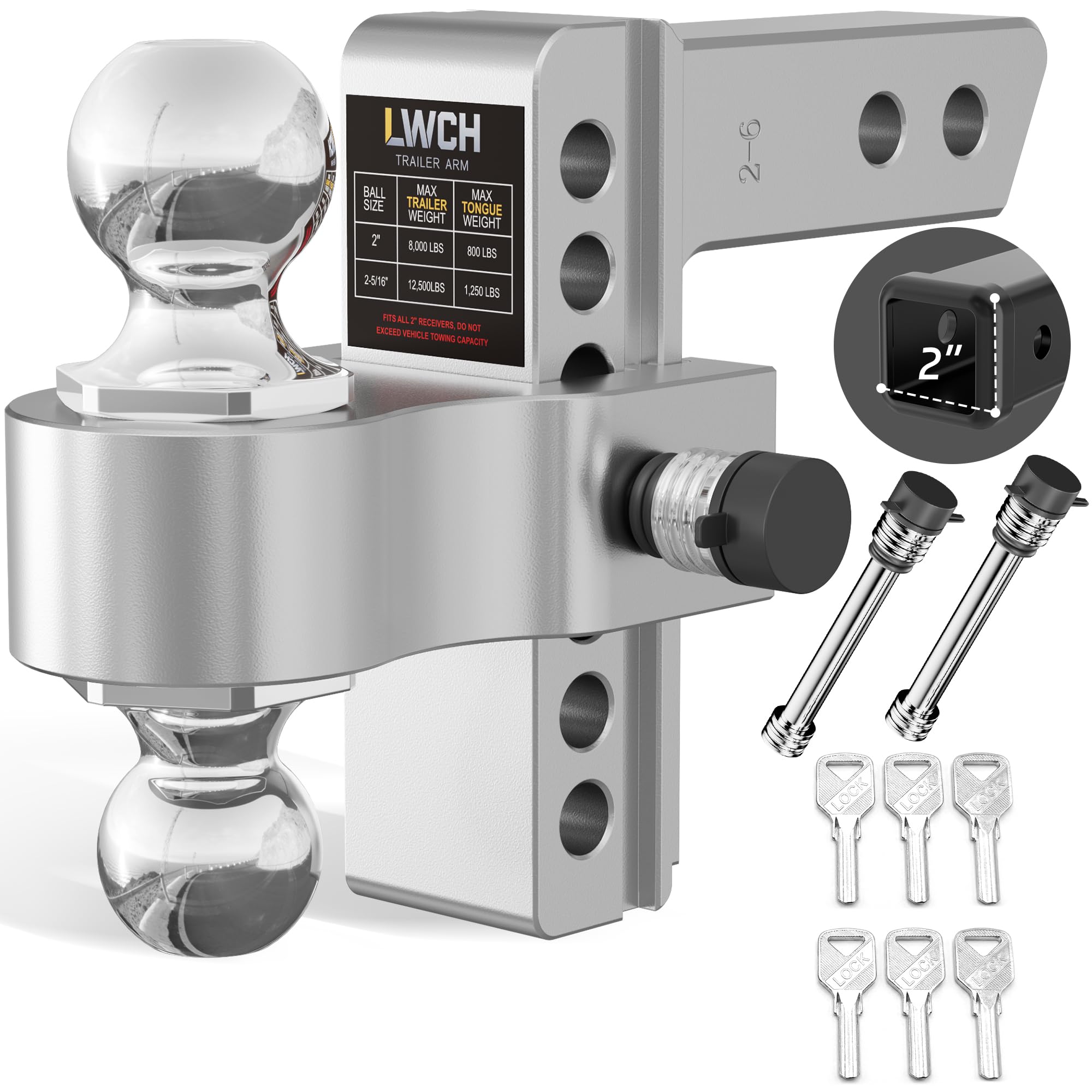Photo 1 of LWCH Adjustable Trailer Hitch, Fit 2 Inch Receiver, 12,500 LBS GTW, Heavy Duty Aluminium Drop Hitch with 2" & 2-5/16" Chrome Plated Steel Ball Mounts for Trucks, 6 Inch Drop/Rise, 2 Anti-Theft Pins