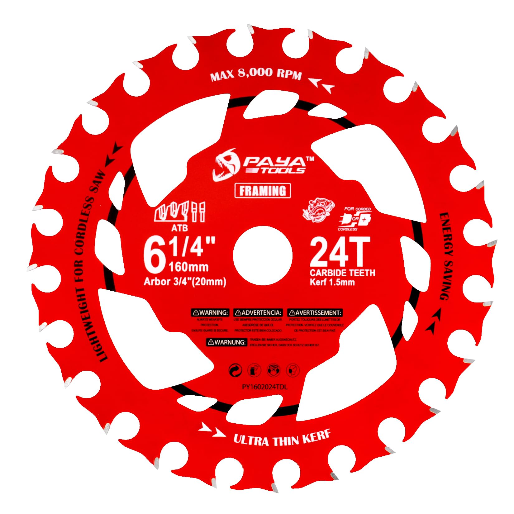 PAYA Laser Lightweight Ultra-Thin TCT Wood Cutting Saw Blade, For Cordless Hand Circular Saw, Cut Nailed Wood, ACP, Fiberboard & Plywood, TÜV Rheinland EN 847-1 Certified, PY1602024TDL，1pc