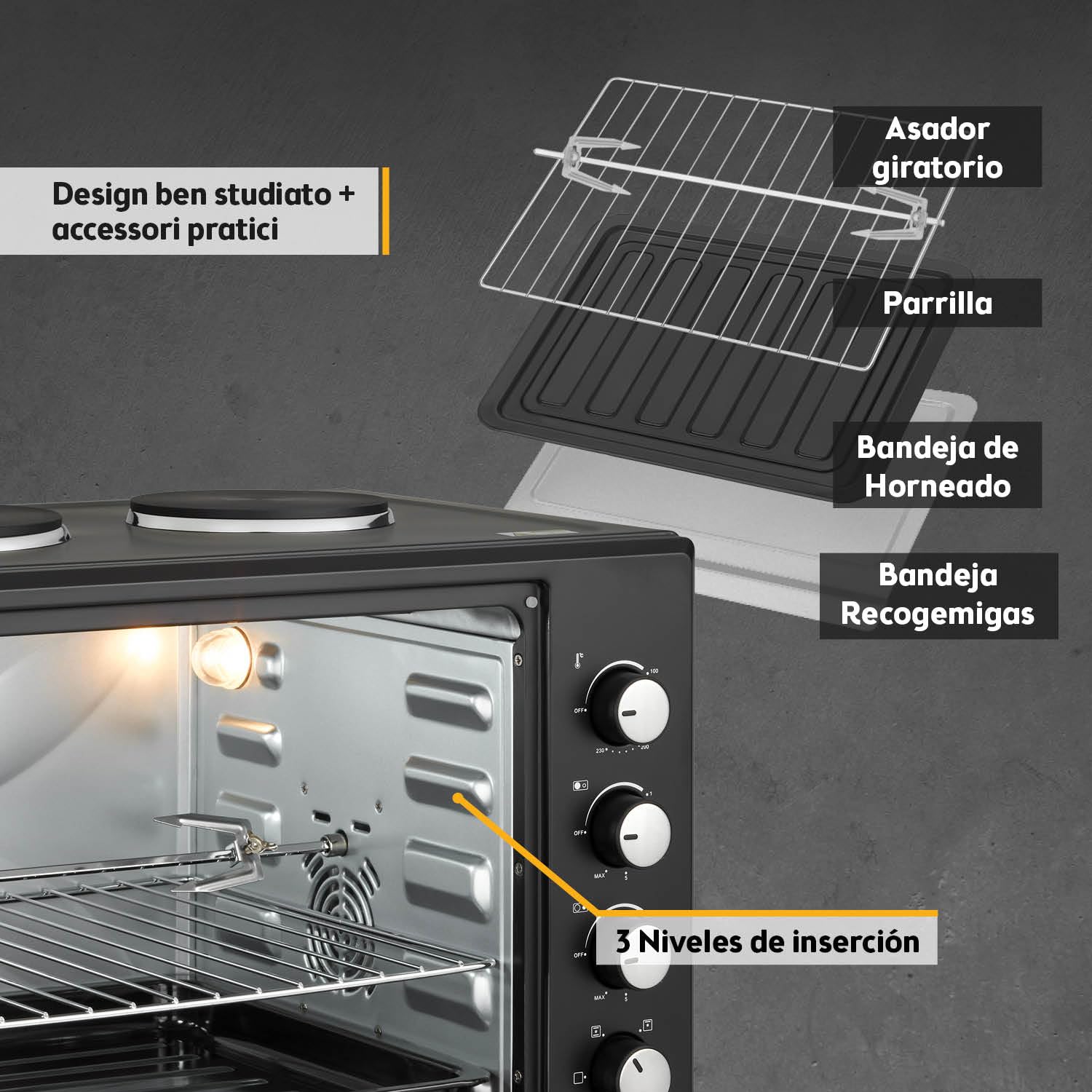 TZS First Austria Mini Horno 30L 3200W con Quemadores para Pizza 230°C 6 Modos