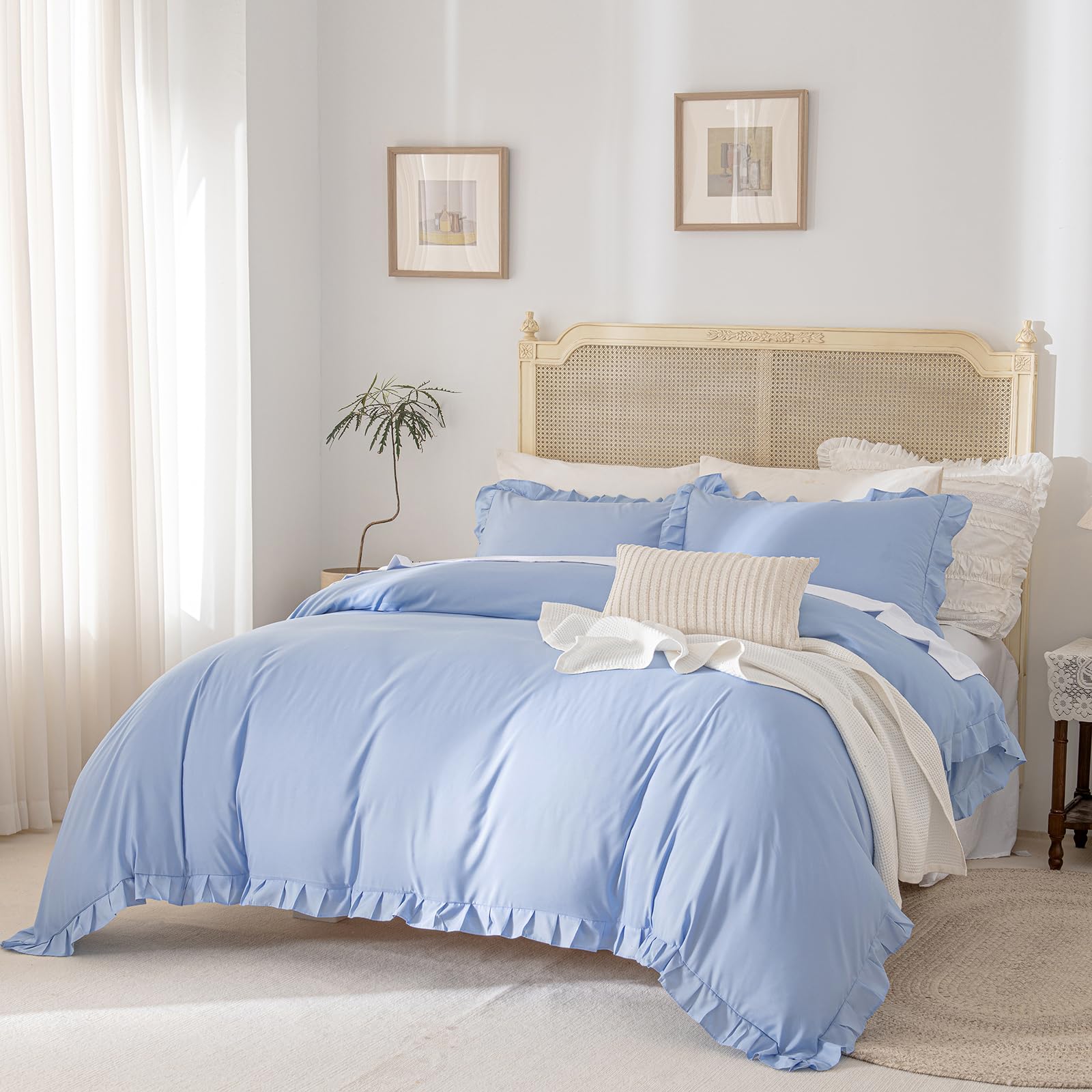 Herside Sky Blue Ruffle Duvet Cover Set Double Farmhouse Bedding Solid Ruffled Fringe Soft Microfibre Boho Bedding Sets 1 Blue Duvet Cover 2 Pillowcases (Sky Blue,Double) - Image 3