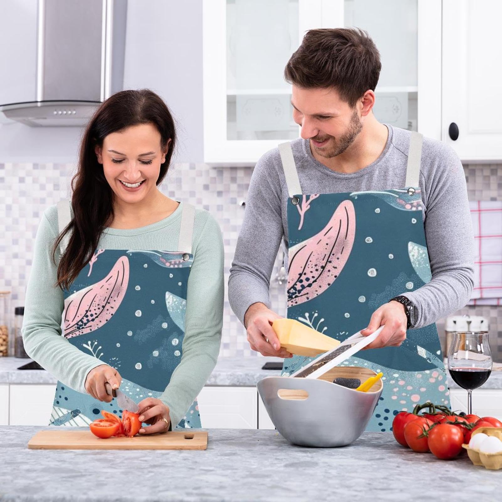 Lot de 2 tabliers de cuisine doux et réglables avec 2 grandes poches pour homme et femme Motif baleine de l'océan, Imprimé baleines de l'océan profond,