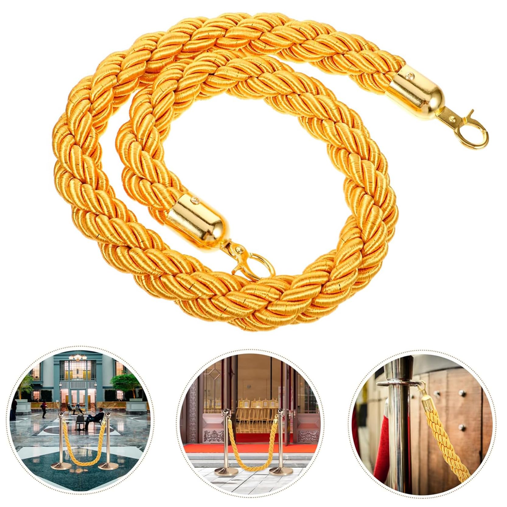 Cuerda trenzada de control de multitudes con ganchos dorados, cordón de barrera para eventos VIP y cuerda elegante para organizar colas de eventos de alfombra roja y decoraciones de fiesta