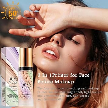 3 In 1 Primers for Face Before Makeup, Sunscreen Isolation Cream, SPF 50, Color Corrector Face Primers, Oil Control Moisturizing Makeup-Primer, Even Skin Tone, Brightening Skin
