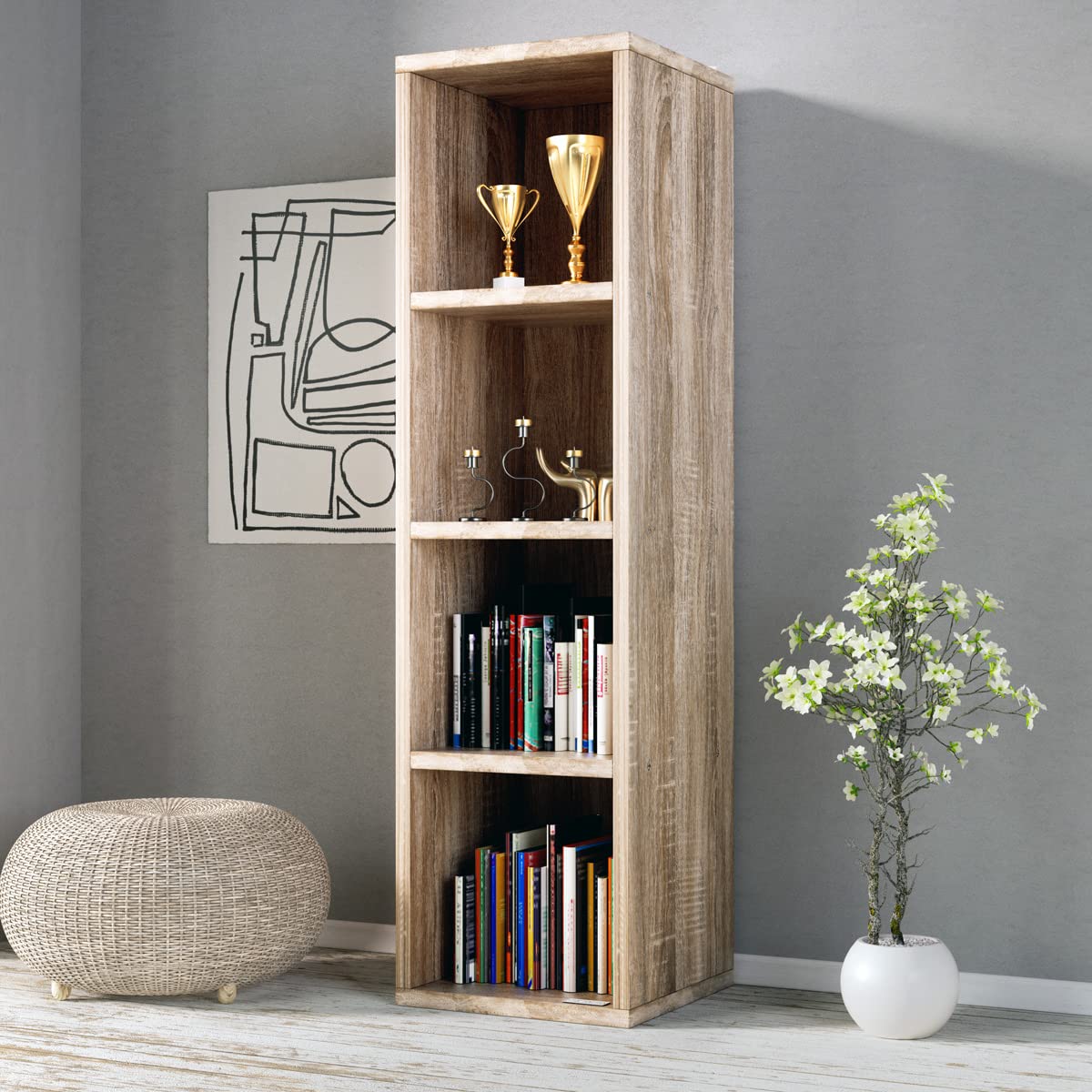 CASARIA® Estantería con 4 Estantes Abiertos 106x30x30cm Librería Biblioteca Mueble Organizador Oficina Dormitorio Estable Duradero Capacidad Carga 40Kg Roble | 4 Niveles, Amplio Espacio, Protector Suelo, Antivuelco, Fácil Limpiar, Mueble Organizador Ofici